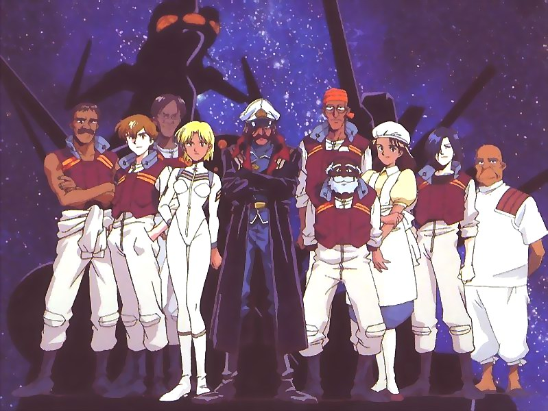 electra (nadia), ikolina (nadia), nadia la arwall, nautilus, nemo (nadia), fushigi no umi no nadia, 1990s (style), 2girls, 6+boys, breasts, hat, multiple boys, multiple girls, nautilus crew, outdoors, retro artstyle, sky