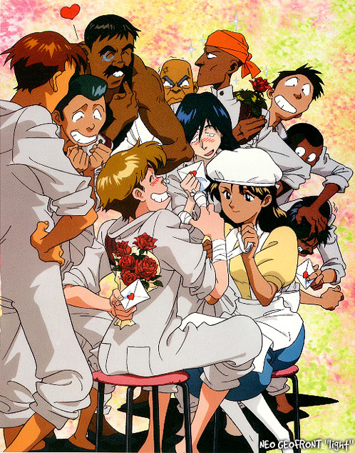 ikolina (nadia), fushigi no umi no nadia, tagme, 1990s (style), bandana, blush, dark skin, facial hair, mustache, nautilus crew, nurse, retro artstyle