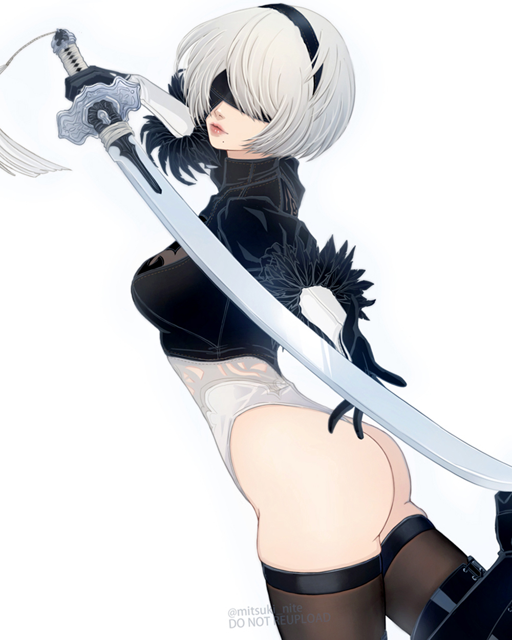 mitsuki nite, 2b (nier:automata), nier:automata, nier (series), highres, 1girl, ass, black gloves, black hairband, black thighhighs, blindfold, breasts, closed mouth, covered eyes, feather-trimmed sleeves, from side, gloves, grey hair, hairband, hand up, highleg, highleg leotard, holding, holding sword, holding weapon, leotard, medium breasts, mole, mole under mouth, outstretched arm, short hair, simple background, solo, sword, tassel, thighhighs, thong leotard, twitter username, virtuous contract, weapon, white background, white leotard