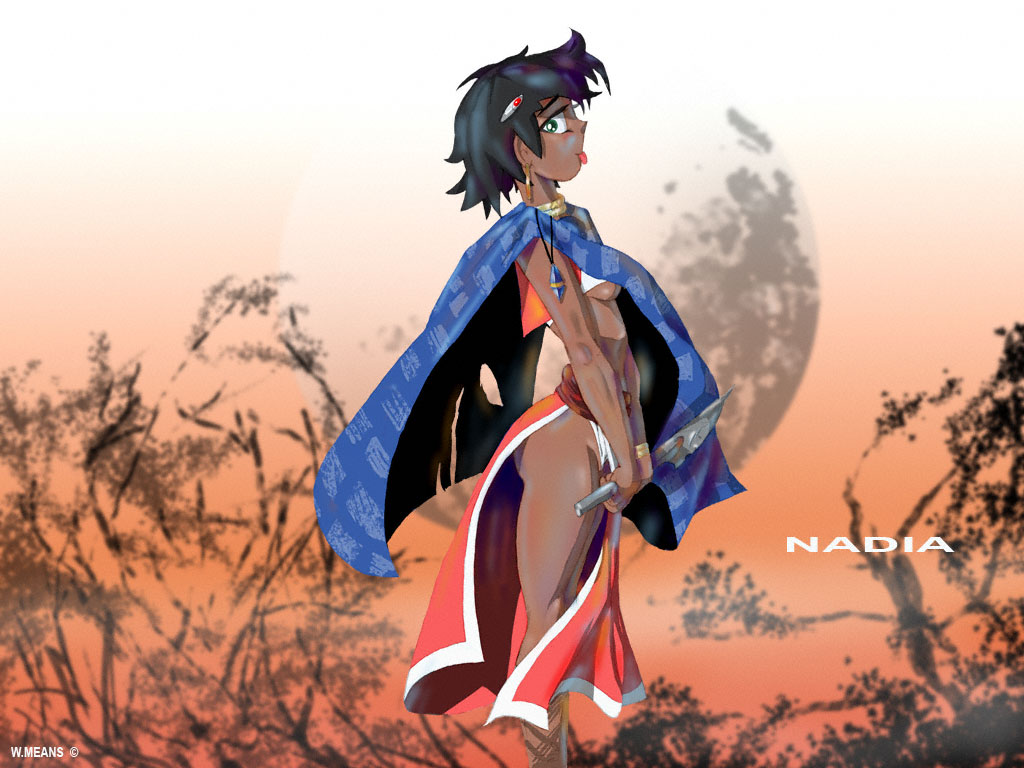 nadia la arwall, fushigi no umi no nadia, 1990s (style), 1girl, africa, african clothes, breasts, dark-skinned female, dark skin, female focus, maasai shuka, nature, outdoors, plant, retro artstyle, skirt, sky, solo, underboob