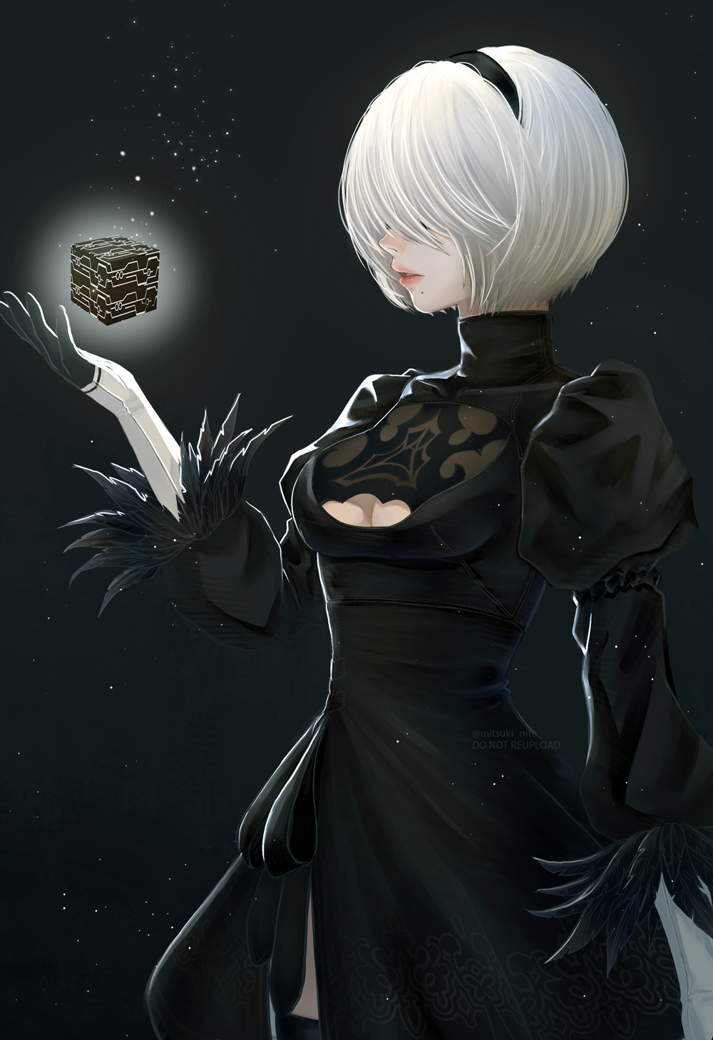 mitsuki nite, 2b (nier:automata), nier:automata, nier (series), highres, 1girl, black background, black dress, black gloves, black hairband, breasts, cleavage cutout, clothing cutout, covered eyes, cowboy shot, cube, dress, feather-trimmed sleeves, gloves, glowing, grey hair, hair over eyes, hairband, hand up, juliet sleeves, light particles, long sleeves, medium breasts, mole, mole under mouth, parted lips, puffy sleeves, short hair, solo, standing, twitter username
