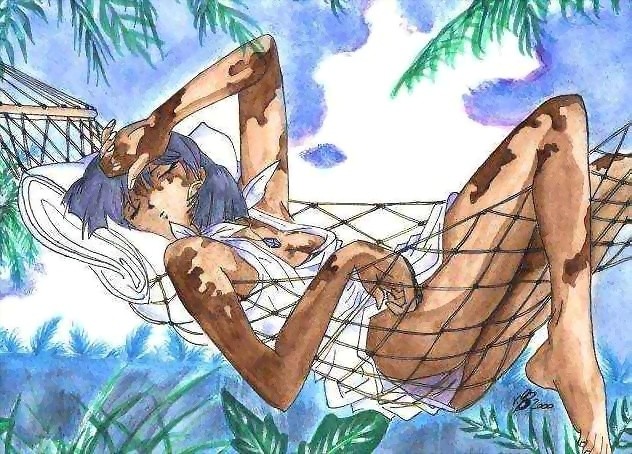 nadia la arwall, fushigi no umi no nadia, 1990s (style), 1girl, dark-skinned female, dark skin, female focus, hammock, nature, outdoors, panties, plant, retro artstyle, sky, sleeping, solo, underwear