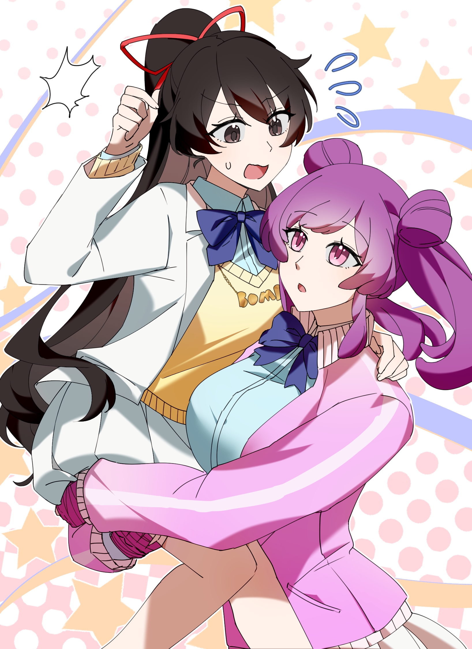 deadman70232800, bambietta basterbine, meninas mcallon, bleach, bleach: sennen kessen-hen, commentary, highres, 2girls, ^^^, alternate costume, alternate hairstyle, black eyes, black hair, blue bow, blue bowtie, blue shirt, bow, bowtie, breasts, carrying, carrying person, clenched hand, cowboy shot, double bun, feet out of frame, flying sweatdrops, hair between eyes, hair bun, hair ribbon, hand on another's shoulder, hand up, jacket, large breasts, long hair, long sleeves, looking at another, looking down, miniskirt, multiple girls, open mouth, pink eyes, pink jacket, pleated skirt, polka dot, polka dot background, ponytail, purple hair, red ribbon, ribbon, school uniform, shirt, simple background, skirt, sleeves past wrists, sweatdrop, sweater, track jacket, tsurime, two side up, v-shaped eyebrows, very long hair, wavy mouth, white background, white jacket, white skirt, yellow sweater