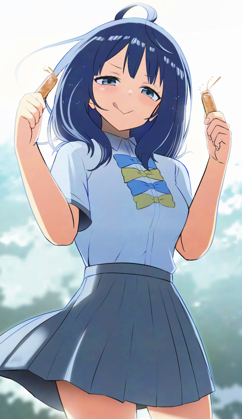 yanami anna, make heroine ga oo sugiru!, 1girl, :>, ahoge, arm up, blue bow, blue eyes, blue hair, blush, bow, harumikan, pleated skirt, school uniform, shirt, skirt, white shirt, yellow bow