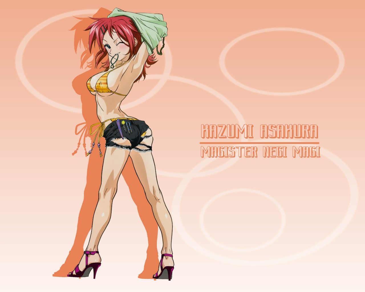 asakura kazumi, mahou sensei negima!, 00s, ass, bikini, blush, high heels, long hair, looking back, one eye closed, red hair, smile, standing, swimsuit, torn clothes, undressing, wink