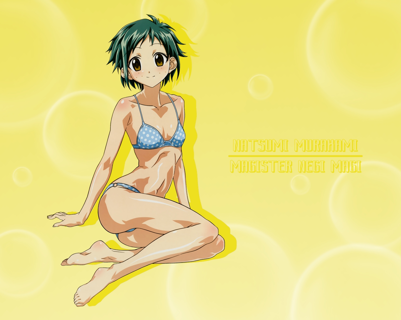 murakami natsumi (negima), mahou sensei negima!, 00s, bikini, blush, brown eyes, green hair, short hair, swimsuit
