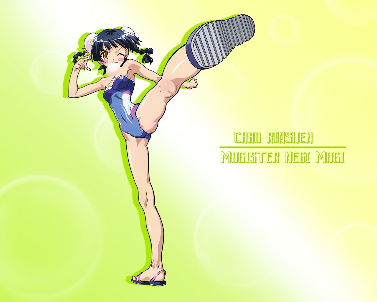 chao lingshen, mahou sensei negima!, 00s, blue hair, blush, braid, double bun, hair bun, swimsuit, twin braids, yellow eyes