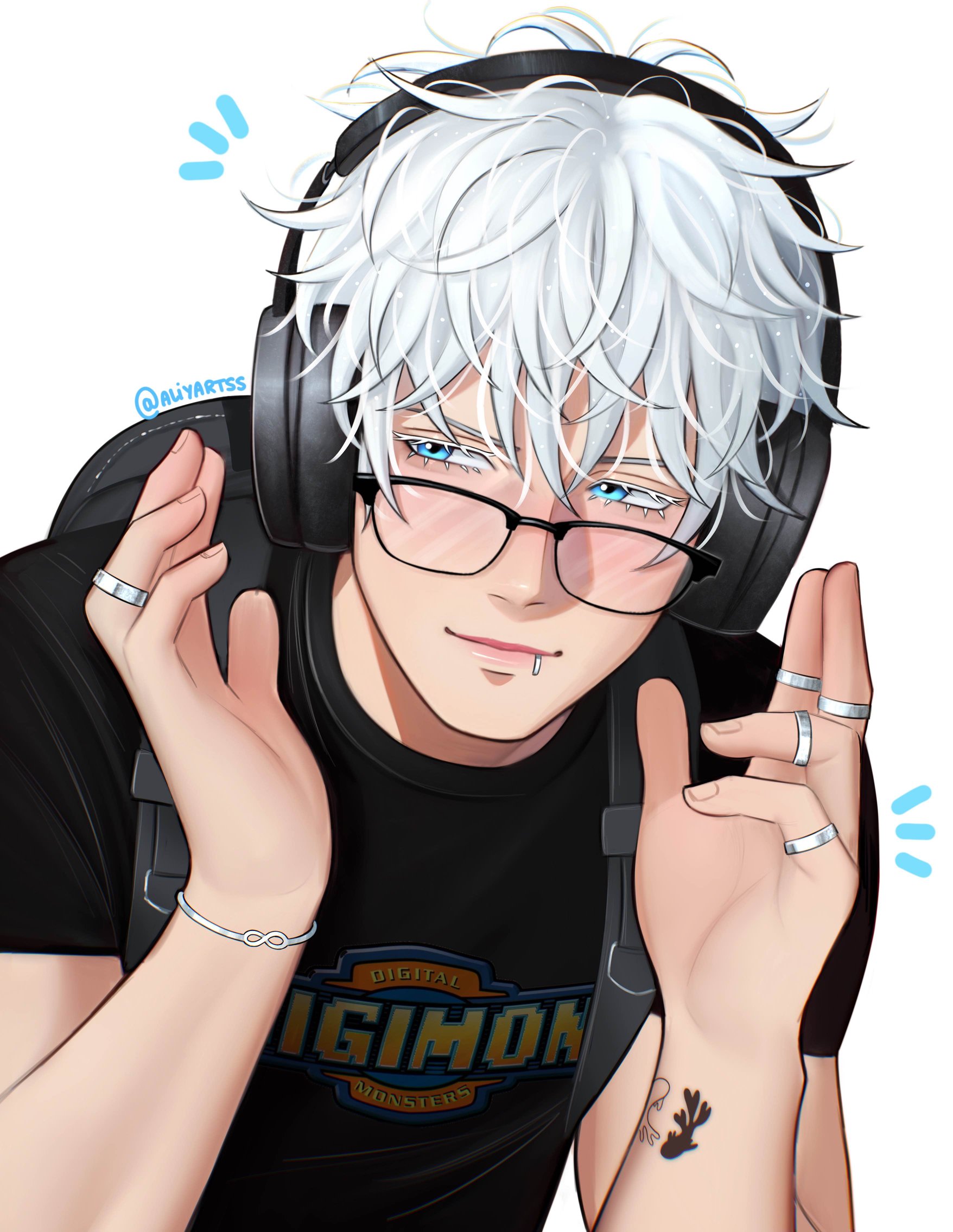 aliyartss, gojou satoru, digimon, jujutsu kaisen, highres, 1boy, blue eyes, face piercing, fish tattoo, glasses, headphones, jewelry, light blush, lip piercing, logo print, multiple rings, piercing, pisces (symbol), ring, short hair, simple background, tattoo, upper body, white background, white hair