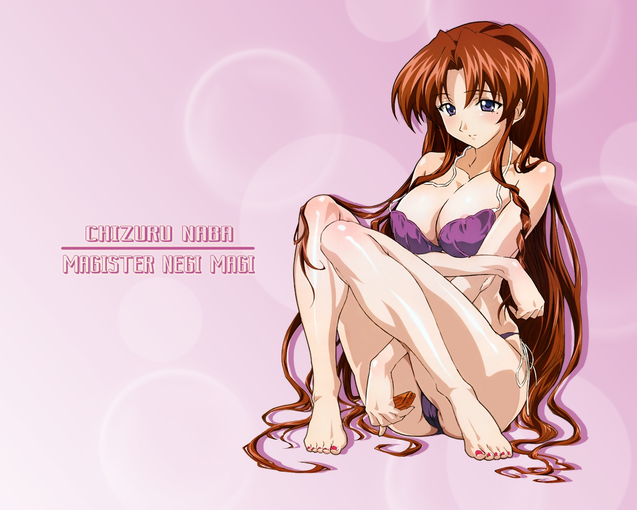 ookaji hiroyuki, naba chizuru, mahou sensei negima!, 00s, bikini, blue eyes, blush, breasts, brown hair, cellphone, cleavage, long hair, phone, side-tie bikini bottom, swimsuit