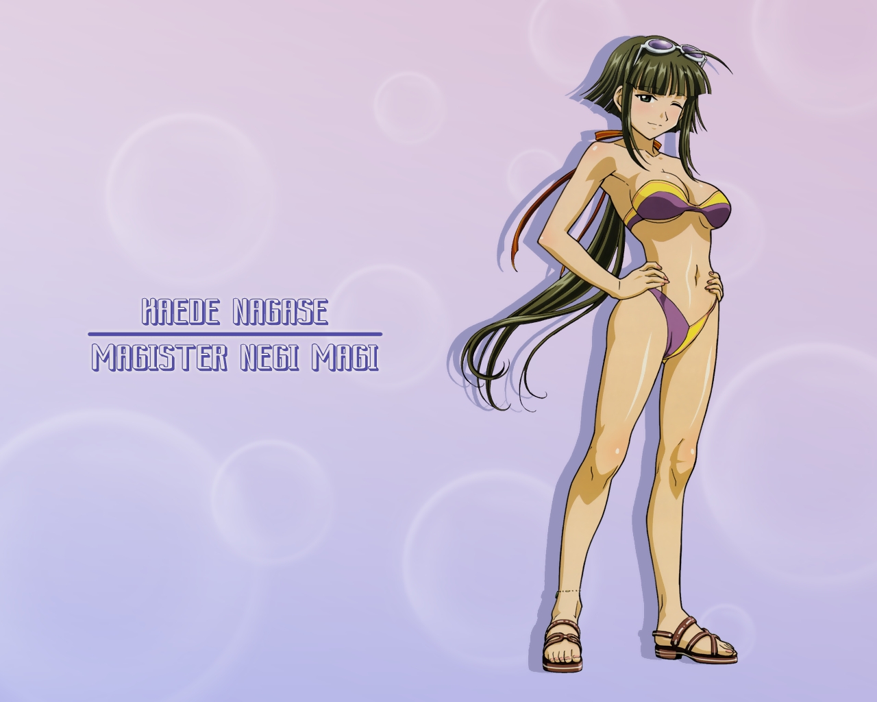 nagase kaede, mahou sensei negima!, 00s, bikini, blush, green eyes, green hair, long hair, one eye closed, sunglasses, swimsuit, wink