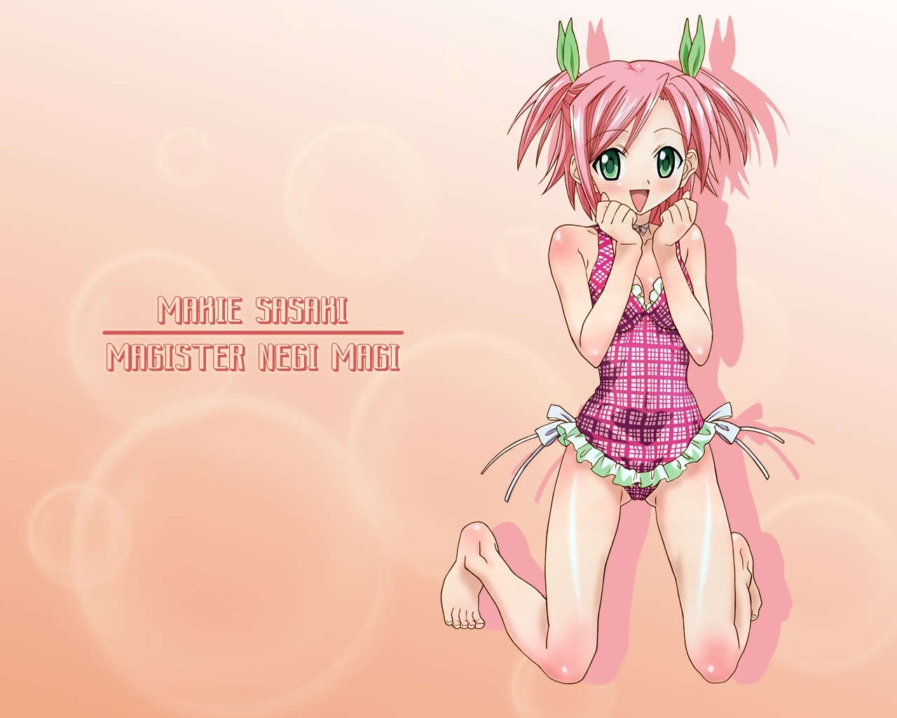 sasaki makie, mahou sensei negima!, 00s, blush, green eyes, open mouth, pink hair, short hair, swimsuit