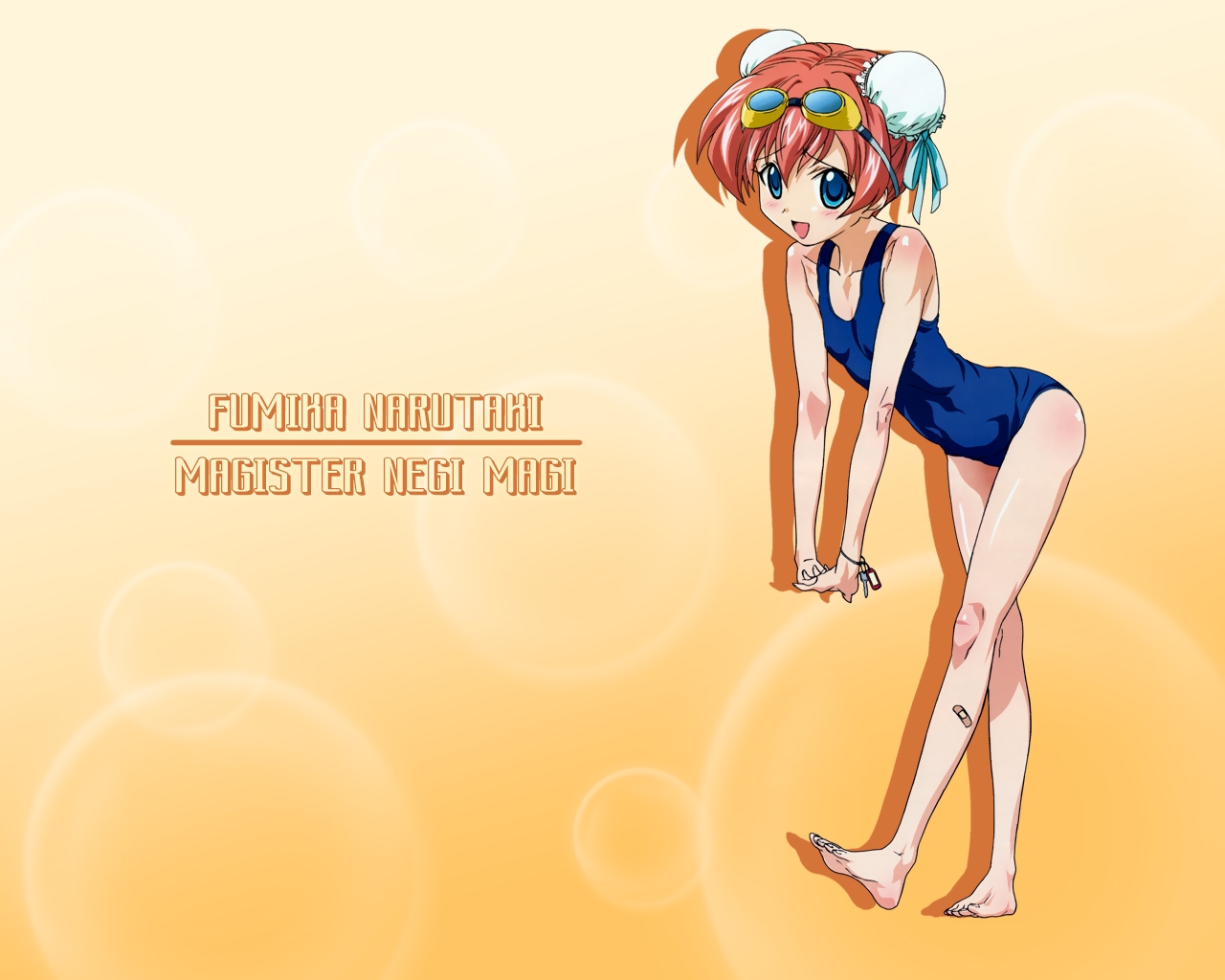 narutaki fumika, mahou sensei negima!, 00s, aqua eyes, bandaid, double bun, hair bun, open mouth, orange hair, short hair, swimsuit