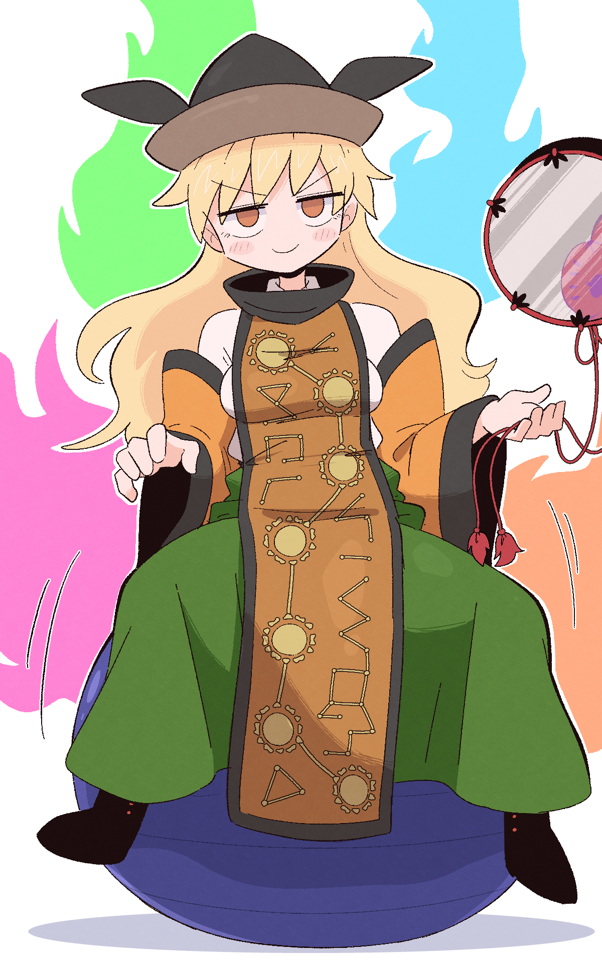 kurachi mizuki, matara okina, touhou, commentary request, highres, 1girl, ball, blonde hair, blush stickers, brown eyes, closed mouth, constellation print, exercise ball, jitome, looking at viewer, no nose, on ball, shirt, sitting, sitting on ball, smile, solo, tabard, white shirt
