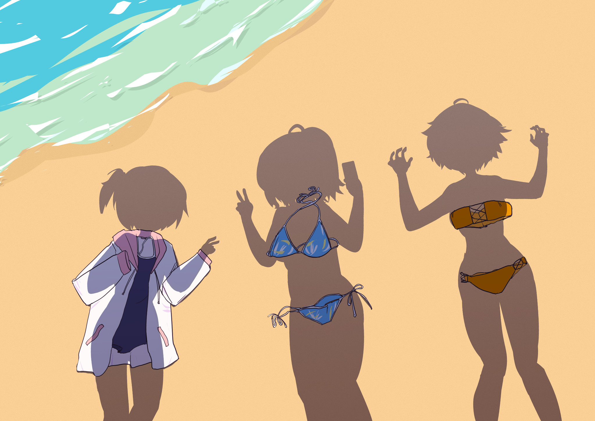 ori hasamu, komari chika, yakishio lemon, yanami anna, make heroine ga oo sugiru!, commentary request, highres, 3girls, ahoge, beach, bikini, blue bikini, blue one-piece swimsuit, dressed shadow (meme), drop shadow, jacket, meme, multiple girls, one-piece swimsuit, outdoors, short hair, swimsuit, v, water, white jacket, yellow bikini