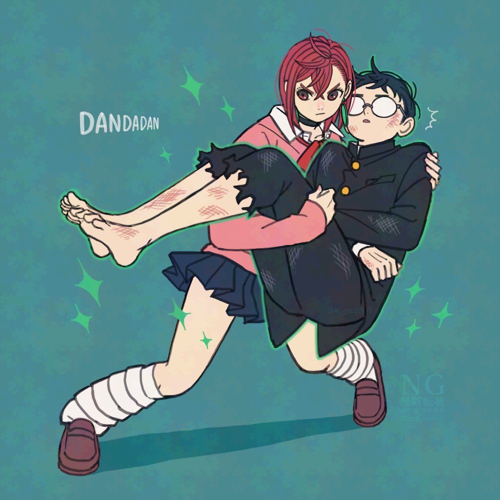 k ysd001, ayase momo, takakura ken (dandadan), dandadan, commentary, symbol-only commentary, 1boy, 1girl, barefoot, battle damage, black choker, black hair, black jacket, black pants, blue skirt, bow, bowtie, brown eyes, brown hair, brown shoes, bruise, bruise on face, bruise on leg, carrying, choker, closed mouth, collared shirt, copyright name, crossed bangs, earrings, full body, gakuran, glasses, hair between eyes, injury, jacket, jewelry, kami high school uniform, long sleeves, loose socks, miniskirt, pants, parted lips, pink sweater, pleated skirt, princess carry, red bow, red bowtie, round eyewear, school uniform, shirt, shoes, short hair, simple background, skirt, socks, sparkle, standing, sweater, torn clothes, torn pants, v-shaped eyebrows, white shirt, white socks