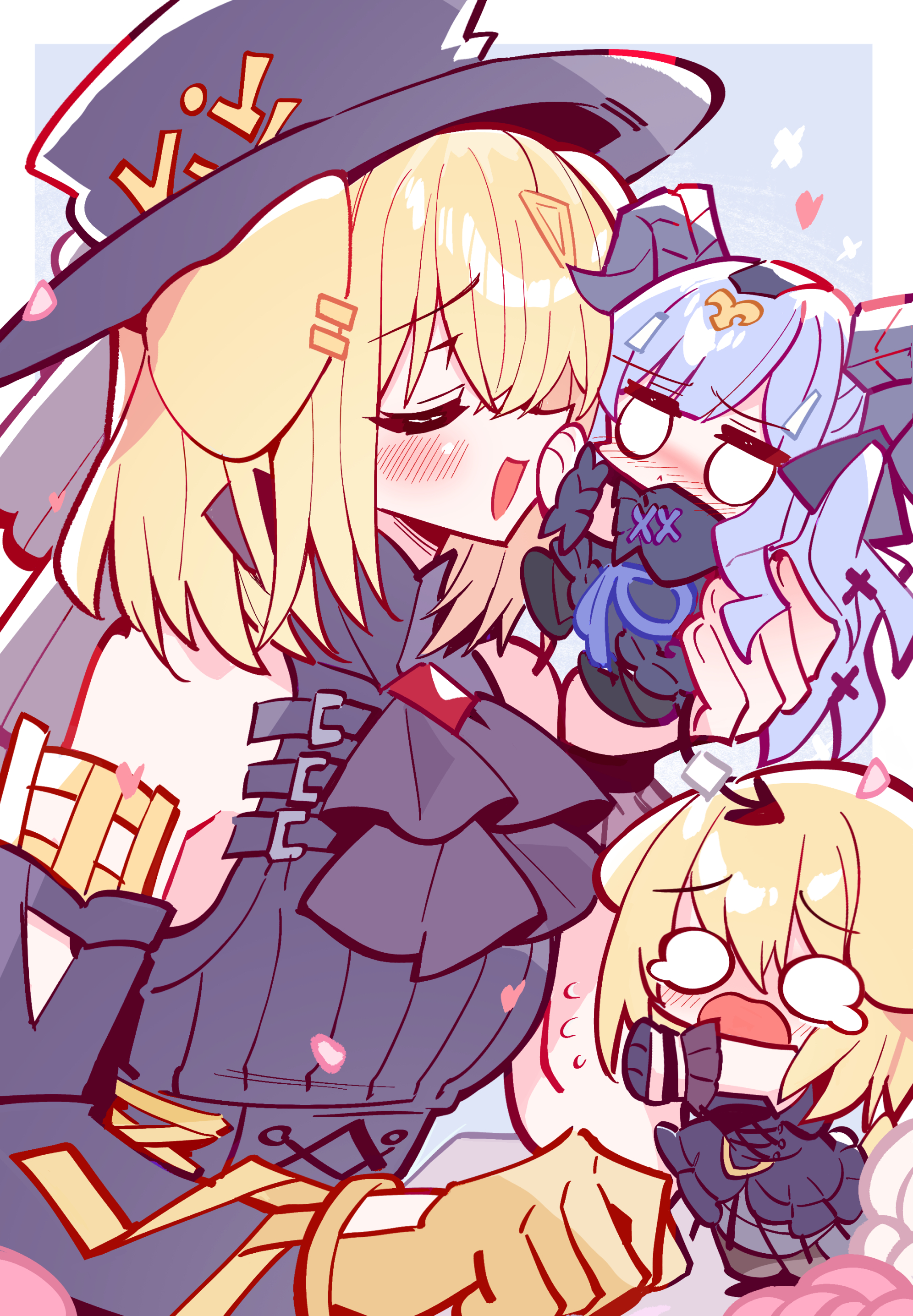 zhanzhangzlw, misumi uika, togawa sakiko, arknights, bang dream!, bang dream! it's mygo!!!!!, absurdres, commentary, highres, symbol-only commentary, 3girls, animal ears, ascot, black ascot, black hat, blue hair, blush, chibi, closed eyes, detached sleeves, dog ears, dog girl, dual persona, hat, horns, jealous, long hair, mini person, misumi uika (caged singer), multiple girls, open mouth, togawa sakiko (master of melodia), yuri
