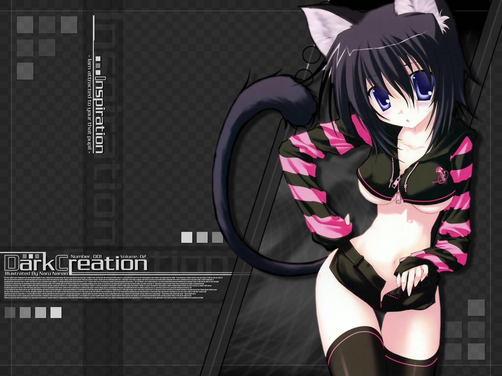 nanao naru, black x pink, highres, animal ears, blue eyes, breasts, cat ears, shirt, striped clothes, striped shirt, underboob
