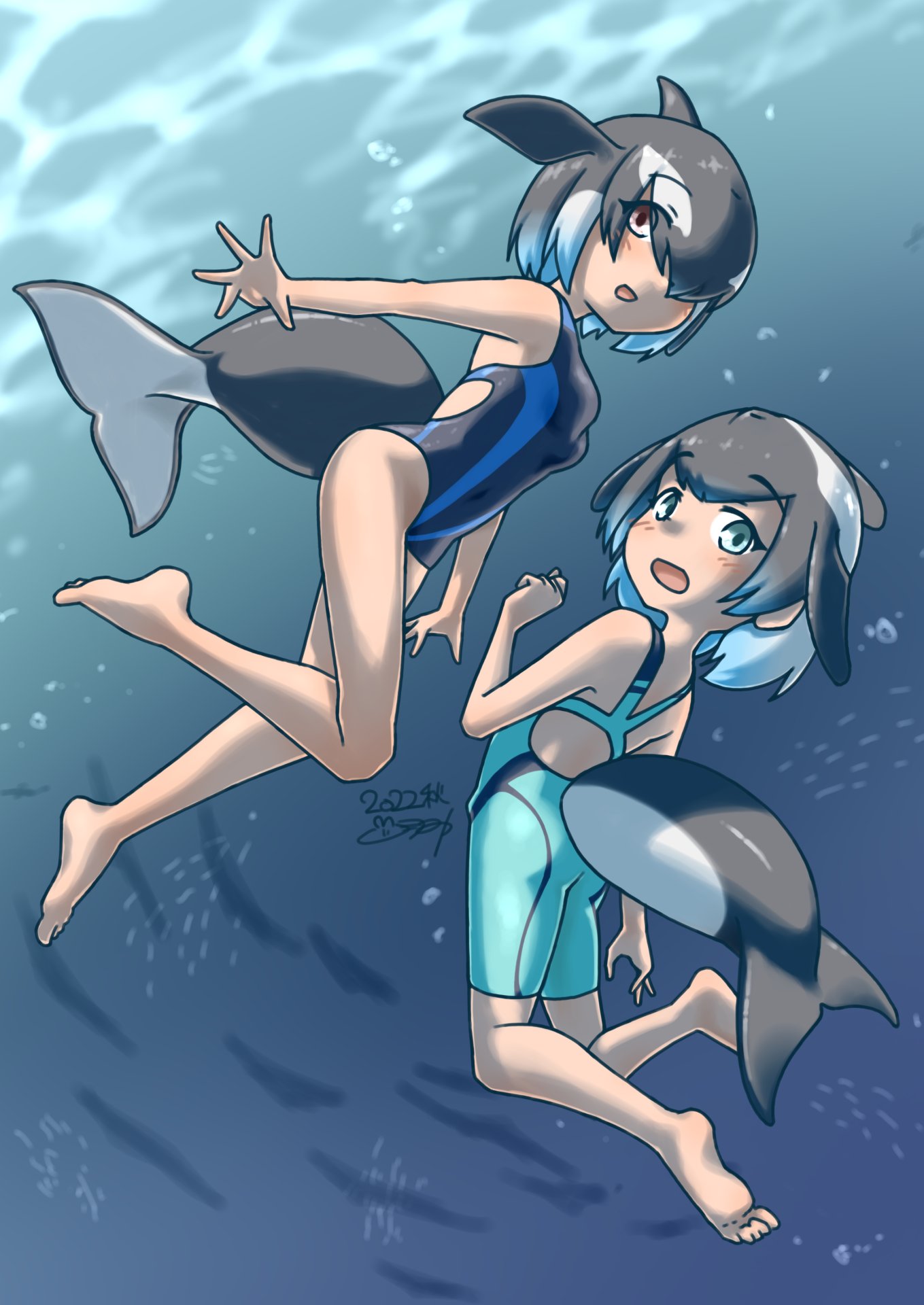 miyu uduki, commerson's dolphin (kemono friends), orca (kemono friends), kemono friends, highres, 2girls, alternate costume, bare legs, bare shoulders, barefoot, black hair, black one-piece swimsuit, blowhole, blue eyes, blue hair, blue one-piece swimsuit, blush, cetacean tail, competition swimsuit, dolphin girl, dorsal fin, fins, fish tail, head fins, multicolored hair, multiple girls, one-piece swimsuit, open mouth, short hair, sleeveless, smile, swimming, swimsuit, tail, two-tone one-piece swimsuit, underwater, white hair, yellow eyes