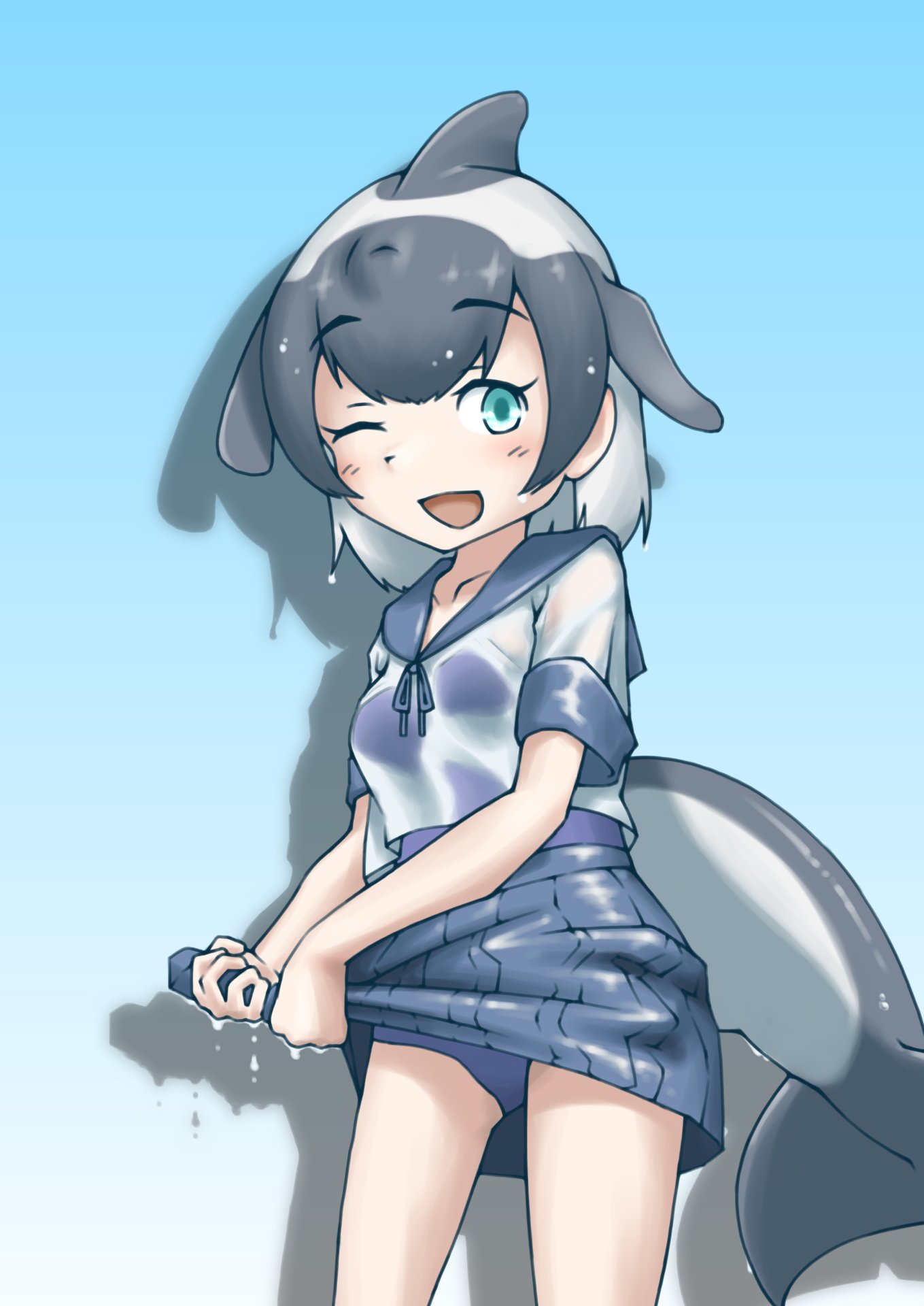 miyu uduki, commerson's dolphin (kemono friends), kemono friends, highres, alternate costume, black hair, blowhole, blue bow, blue bowtie, blue eyes, blue one-piece swimsuit, blue trim, bow, bowtie, cetacean tail, cowboy shot, dolphin girl, dorsal fin, fins, fish tail, hair between eyes, head fins, multicolored hair, one-piece swimsuit, one eye closed, pleated skirt, sailor collar, school uniform, see-through clothes, serafuku, shirt, short hair, short sleeves, sidelocks, skirt, swimsuit, swimsuit under clothes, tail, two-tone hair, white hair, white shirt, wringing clothes, wringing skirt