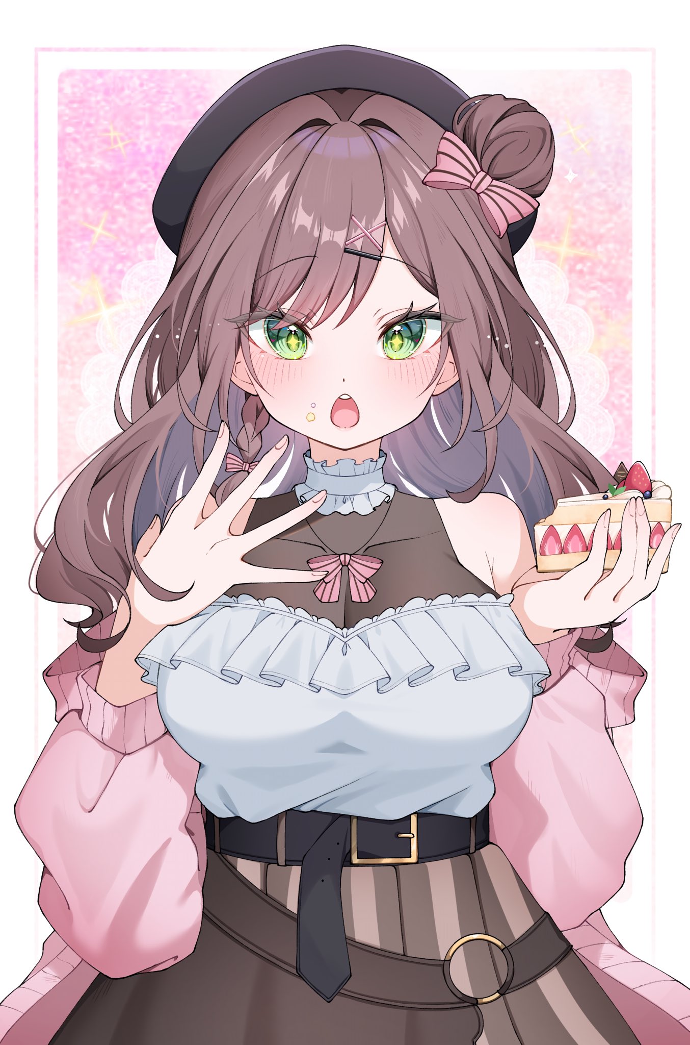 mumei rinnka, original, commission, highres, skeb commission, 1girl, belt, beret, black belt, black hat, blush, bow, braid, brown hair, brown skirt, cake, cardigan, food, food on face, frills, fruit, green eyes, hair bow, hair bun, hat, holding, holding cake, holding food, o-ring, open cardigan, open clothes, open mouth, pink bow, pink cardigan, see-through cleavage, see-through clothes, skirt, solo, strawberry, striped bow