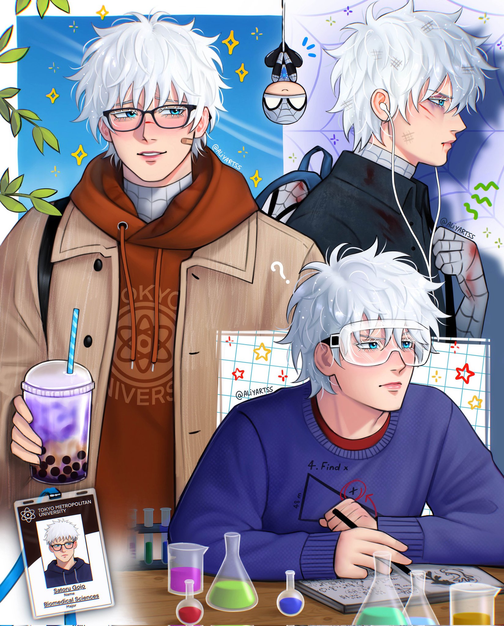 aliyartss, gojou satoru, peter parker, spider-man, jujutsu kaisen, highres, 1boy, adapted costume, alternate costume, alternate universe, bandaid, bandaid on face, beaker, blue eyes, blue sweater, brown hoodie, brown jacket, bubble tea, chibi, chibi inset, colored eyelashes, cosplay, erlenmeyer flask, flask, glasses, goggles, hanging from ceiling, hood, hoodie, injury, jacket, leaf, peter parker (cosplay), round-bottom flask, science, scuffed, short hair, sparkle, spider-man (cosplay), sweater, twitter username, white eyelashes, white hair