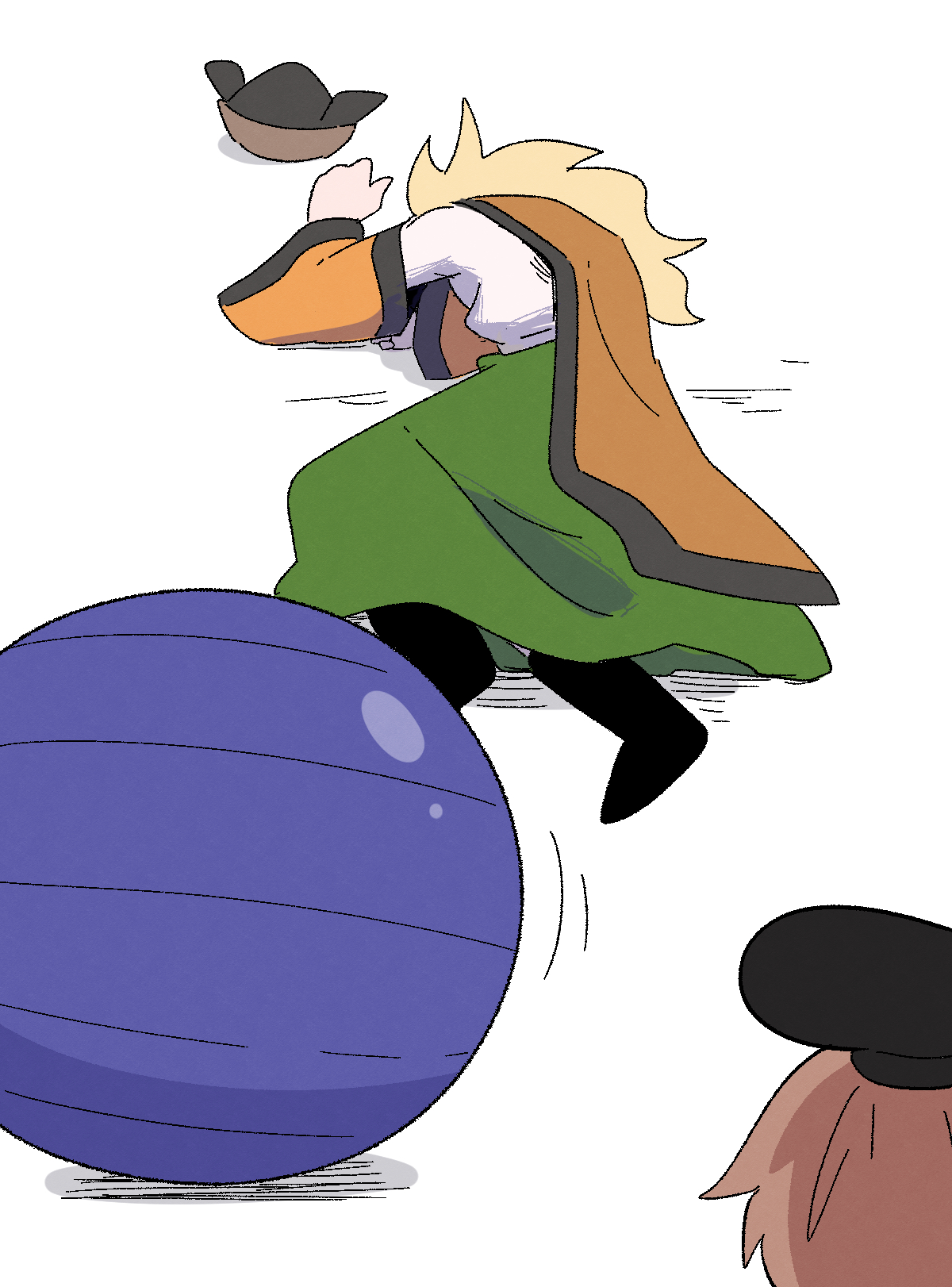 kurachi mizuki, matara okina, nishida satono, touhou, commentary request, highres, 2girls, ball, black hat, blonde hair, brown hair, detached sleeves, exercise ball, fallen down, hat, long hair, looking at another, multiple girls, orange tabard, simple background, tabard, unworn hat, unworn headwear, white background
