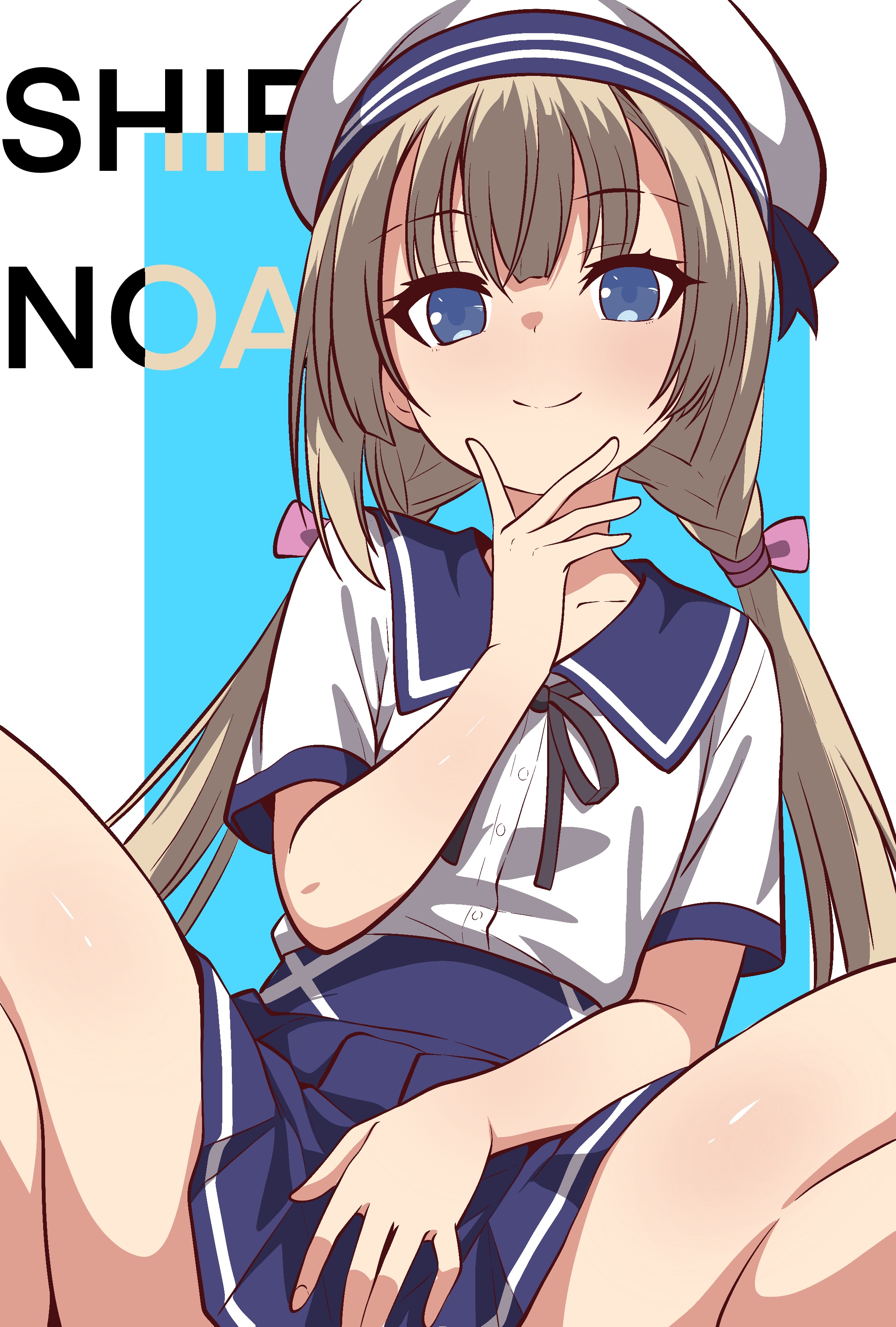 ding36, shirayuki noa, tenshi souzou re-boot!, absurdres, commentary, highres, 1girl, between legs, black ribbon, blonde hair, blue background, blue eyes, blue sailor collar, blue skirt, blunt bangs, blush, closed mouth, eyelashes, eyes visible through hair, feet out of frame, hair ribbon, hand between legs, hand up, hat, high-waist skirt, long hair, looking at viewer, low twintails, miniskirt, official alternate costume, official alternate hairstyle, pink ribbon, pleated skirt, ribbon, sailor collar, sailor hat, shirt, short sleeves, sidelocks, simple background, skirt, smile, solo, split mouth, spread legs, squatting, straight hair, thighs, twintails, two-tone background, v, very long hair, white background, white hat, white shirt