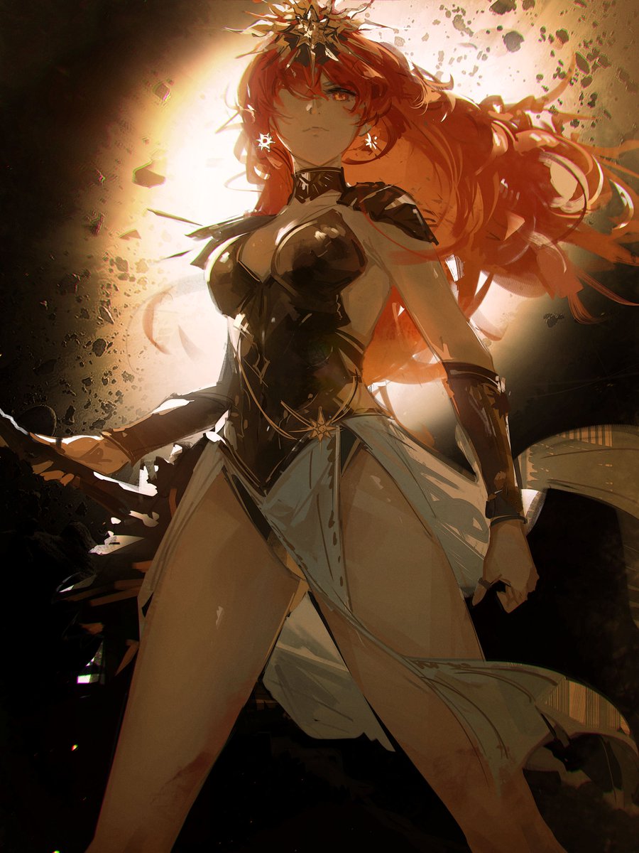 dudrinm, augusta (wuthering waves), wuthering waves, commentary, highres, 1girl, ancient greek clothes, arm armor, armor, black collar, breastplate, breasts, closed mouth, collar, dress, earrings, greatsword, greco-roman clothes, headgear, holding, holding sword, holding weapon, jewelry, long hair, medium breasts, orange hair, red eyes, solo, sun earrings, sword, weapon, white dress
