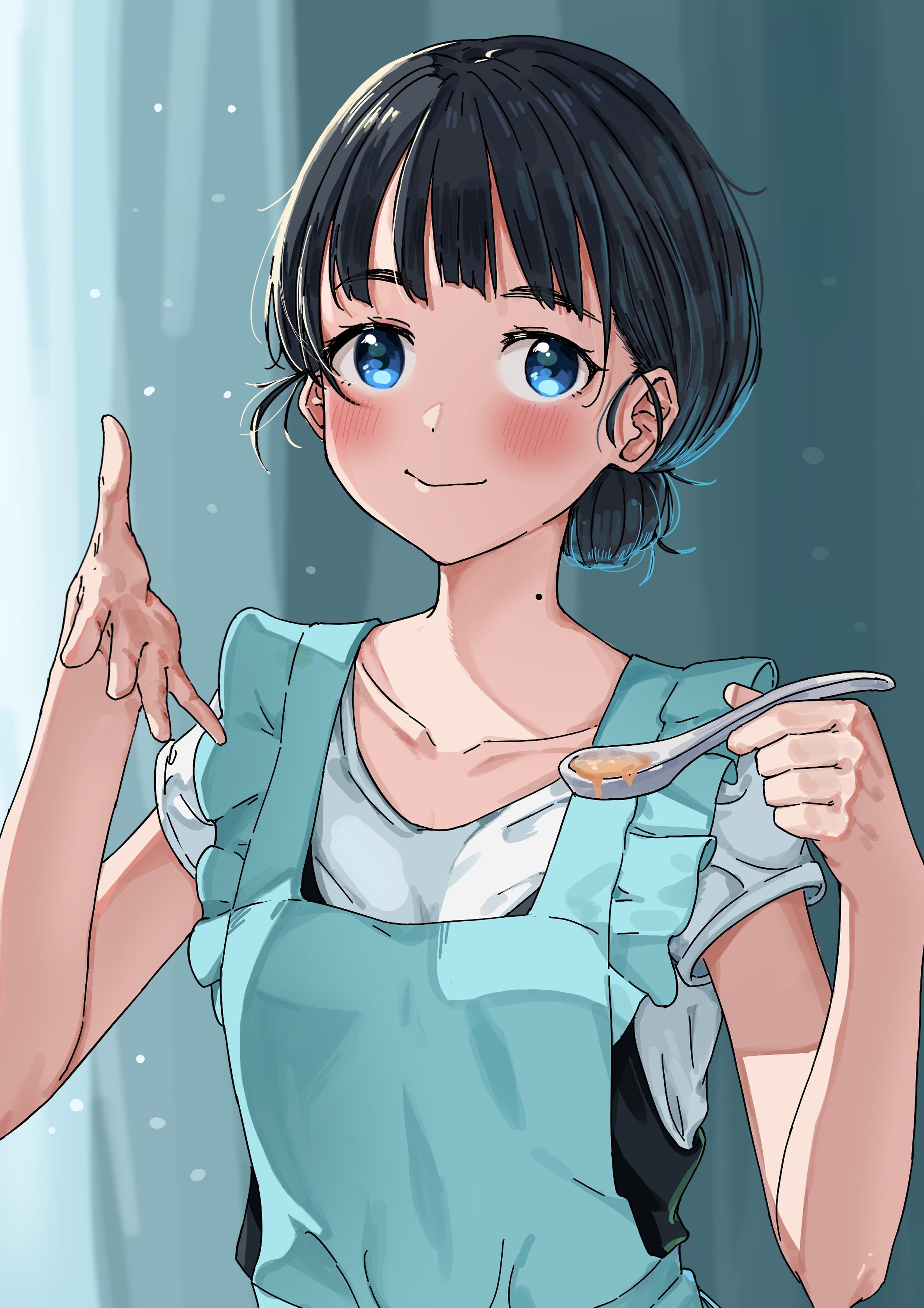 jyuunen-kun, basori tiara, make heroine ga oo sugiru!, absurdres, highres, 1girl, alternate costume, apron, black hair, blue apron, blue eyes, blush, closed mouth, collarbone, hair bun, hands up, holding, holding spoon, mole, mole on neck, short hair, short sleeves, spoon, upper body