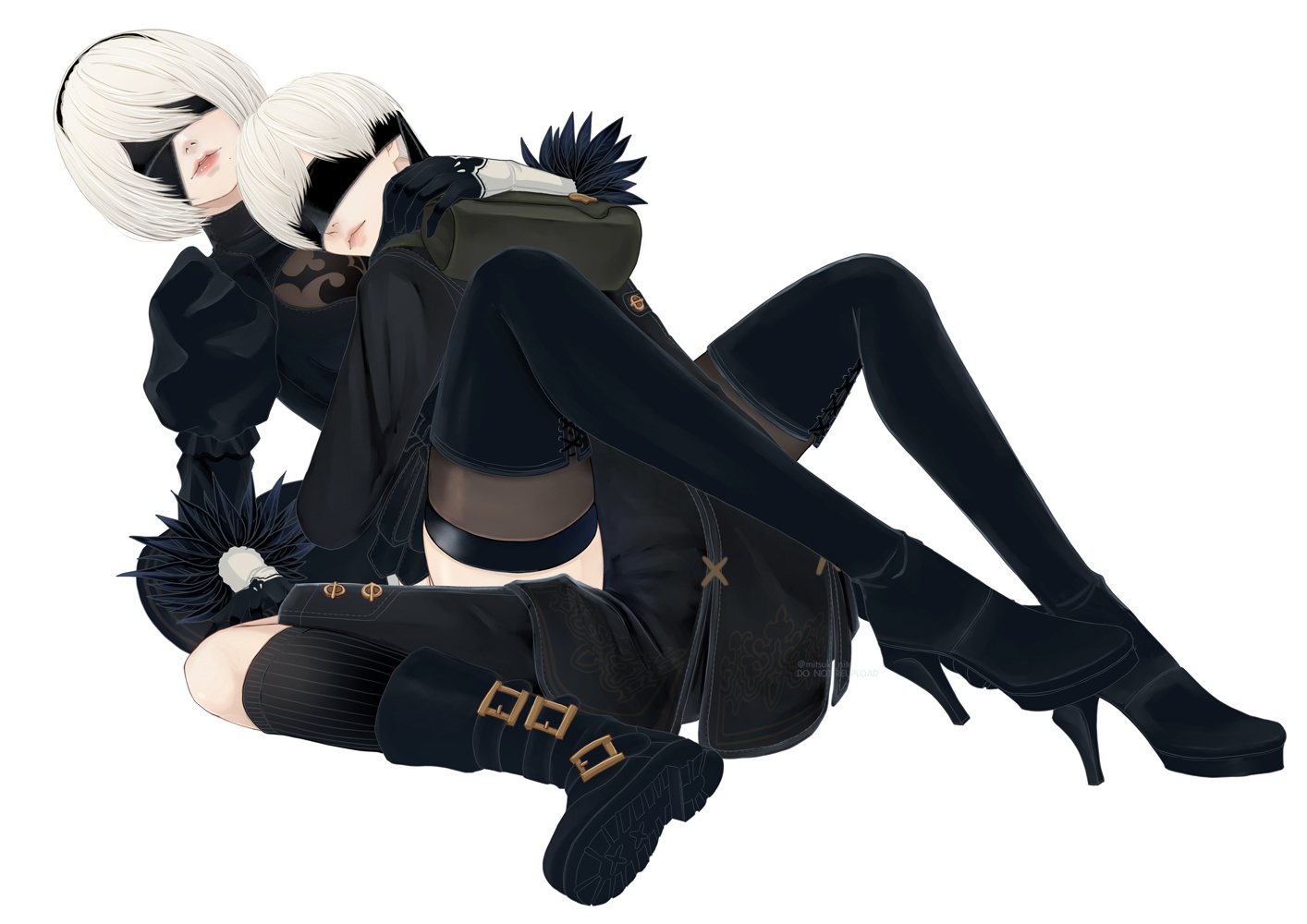 mitsuki nite, 2b (nier:automata), 9s (nier:automata), nier:automata, nier (series), 1boy, 1girl, black boots, black gloves, black hairband, black jacket, black socks, black thighhighs, blindfold, boots, closed mouth, covered eyes, facing viewer, gloves, grey hair, hairband, high heel boots, high heels, jacket, juliet sleeves, kneehighs, leg lock, long sleeves, puffy sleeves, reclining, shoe soles, short hair, simple background, sitting, socks, thigh boots, thighhighs, thighhighs under boots, twitter username, wariza, white background