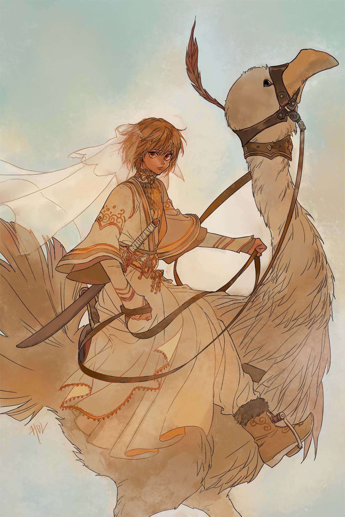 huangdanlan, kurapika, hunter x hunter, highres, 1boy, bird, blonde hair, boots, brown boots, full body, looking at viewer, male focus, parted lips, red eyes, riding, riding animal, riding bird, robe, short hair, solo, sword, veil, weapon, white robe