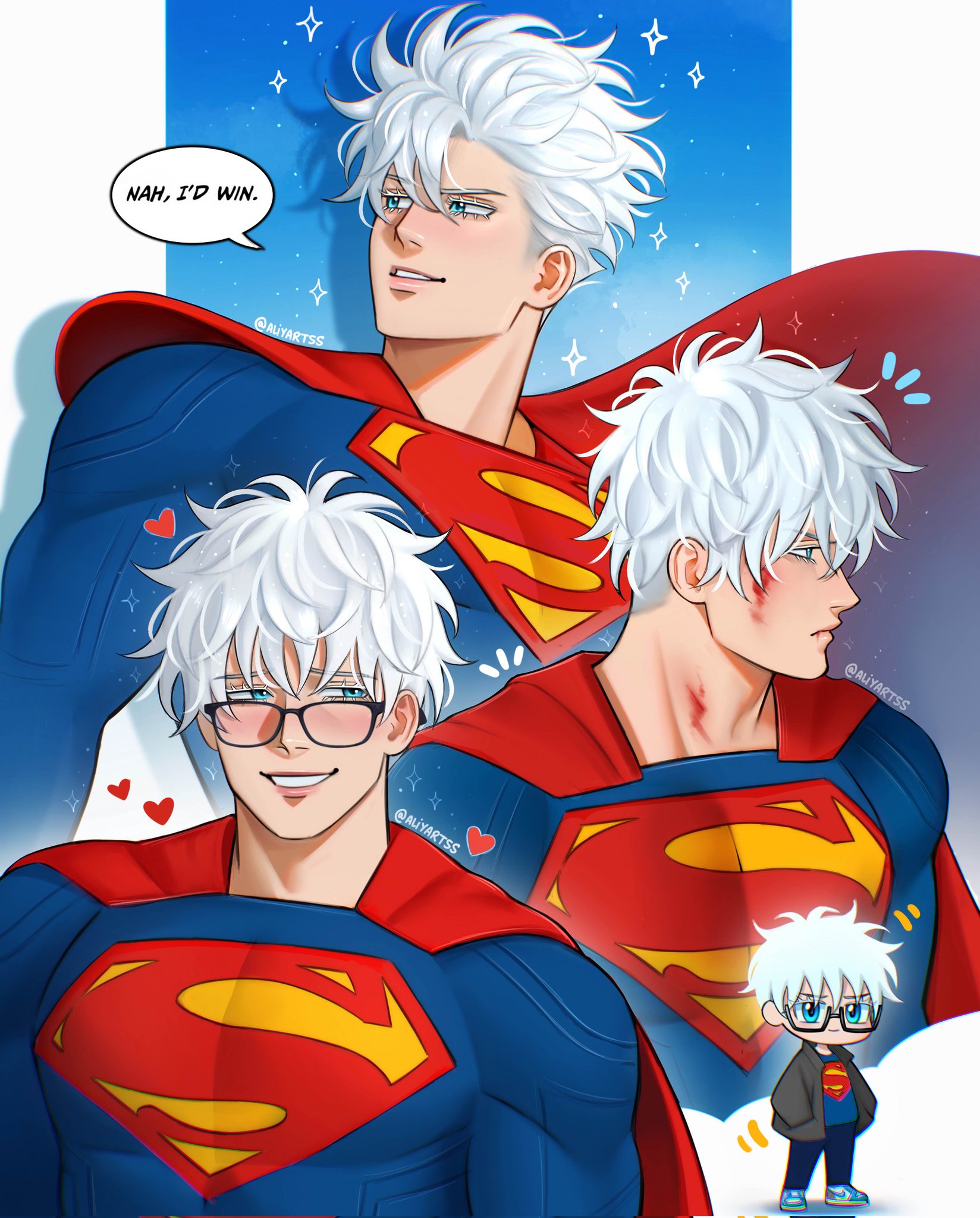 aliyartss, clark kent, gojou satoru, superman, dc comics, jujutsu kaisen, superman (series), highres, 1boy, blue eyes, chibi, chibi inset, clark kent (cosplay), cosplay, english text, glasses, grin, meme, multiple views, muscular, muscular male, nah i'd win (meme), scuffed, short hair, smile, sparkle, superhero costume, superman (cosplay), twitter username, white hair