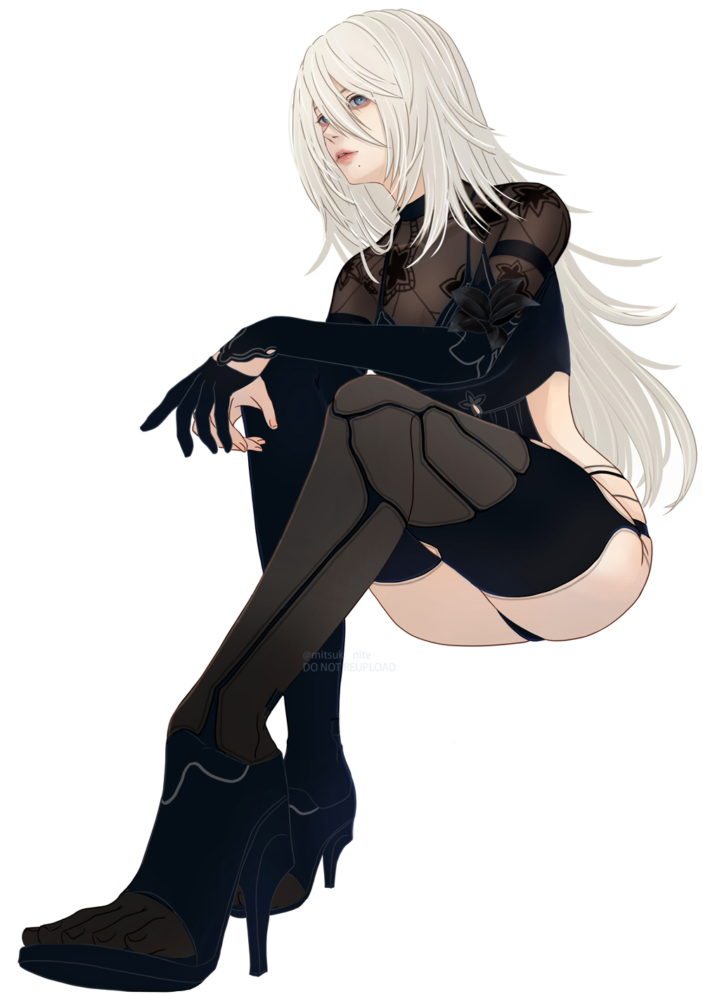 mitsuki nite, a2 (nier:automata), nier:automata, nier (series), highres, 1girl, black boots, black gloves, black shirt, blue eyes, boots, crop top, elbow gloves, gloves, grey hair, hair between eyes, high heel boots, high heels, invisible chair, legs, long hair, looking at viewer, mole, mole under mouth, parted lips, shirt, simple background, single glove, sitting, solo, thighs, twitter username, very long hair, white background
