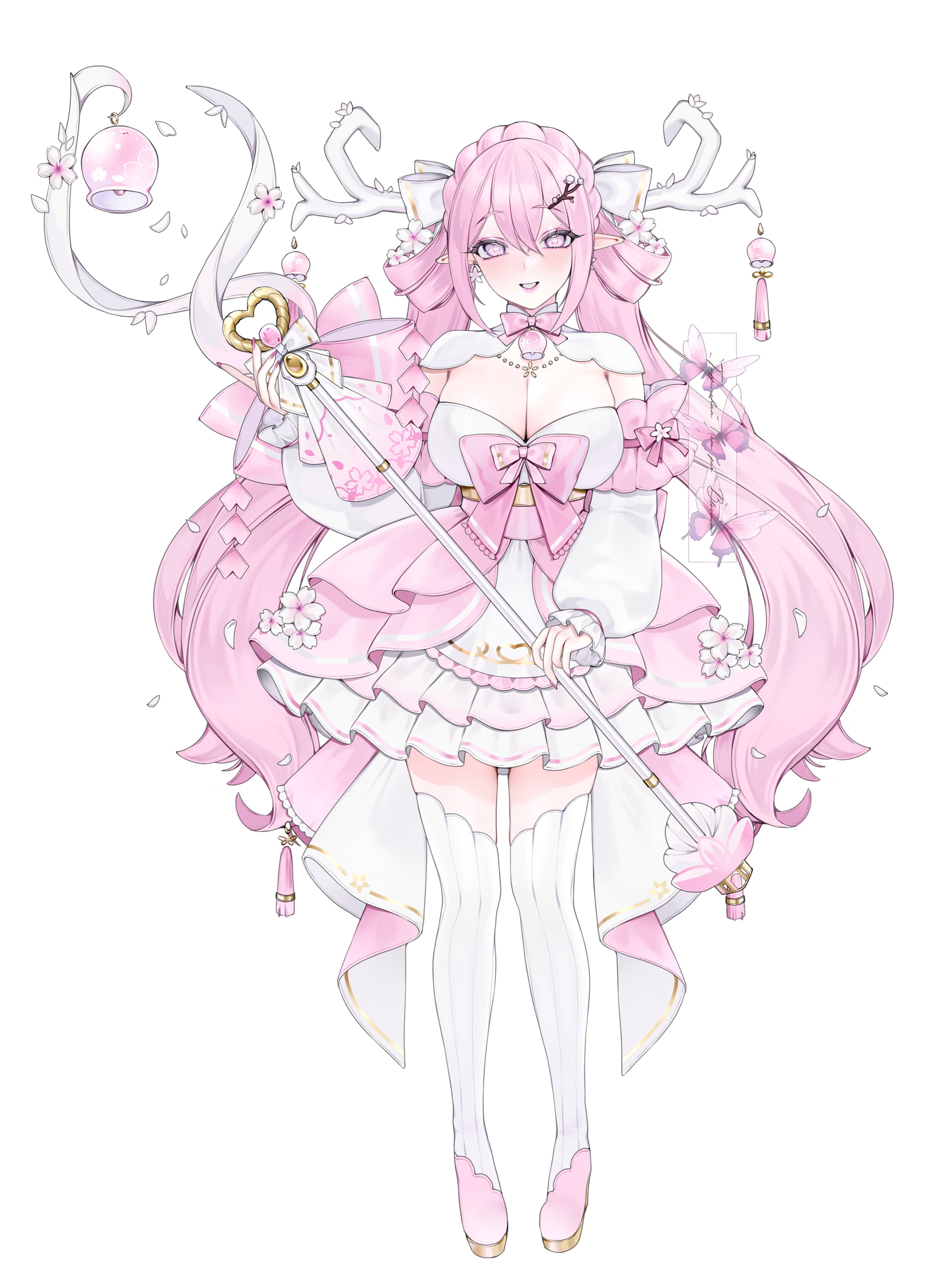 tuffi-chan, blossum (vtuber), indie virtual youtuber, absurdres, commentary, highres, 1girl, antlers, bow, breasts, cleavage, double-parted bangs, dress, full body, hair between eyes, holding, holding staff, horns, large breasts, long hair, long sleeves, looking at viewer, nail polish, open mouth, pink bow, pink dress, pink eyes, pink hair, pink nails, pink shoes, pointy ears, shoes, simple background, smile, solo, staff, thighhighs, two-tone dress, very long hair, virtual youtuber, white background, white dress, white thighhighs, zettai ryouiki