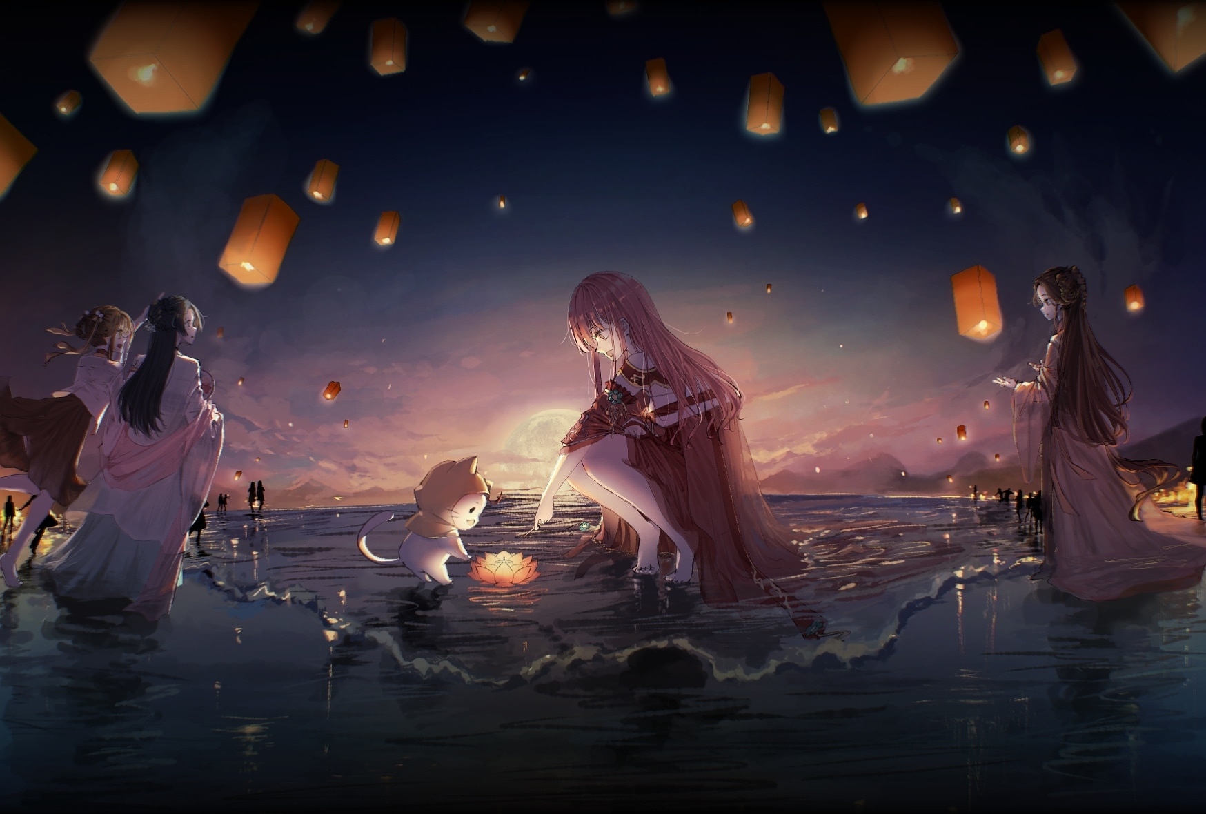 momo (nikki), nikki (nikki), nikki (series), shining nikki, highres, 4girls, animal, bare legs, bare shoulders, barefoot, black hair, blue flower, blue hanfu, blue sky, brown eyes, brown hair, brown skirt, cat, chi xiaoyu, chinese clothes, chinese hairpin, cloak, clothed animal, cloud and flower (shining nikki), dawn of spring (shining nikki), detached sleeves, double bun, dress, ear covers, flower, full body, full moon, gradient sky, hair bun, hair flower, hair ornament, hanfu, hood, hood up, hooded cloak, jiang xitong, lantern, long hair, long sidelocks, long sleeves, lotus, medium skirt, mid-autumn festival, moon, multiple girls, ocean, off-shoulder dress, off shoulder, official alternate color, open mouth, orange flower, outdoors, paper lantern, people, pink hair, pink sky, pleated skirt, pointy nose, red hanfu, red sleeves, reflection, reflective water, robe, shore, sidelocks, silhouette, single hair bun, skirt, sky, smile, squatting, subarwu u, tiptoes, toenails, toes, twilight, very long hair, white cat, white robe, yellow cloak