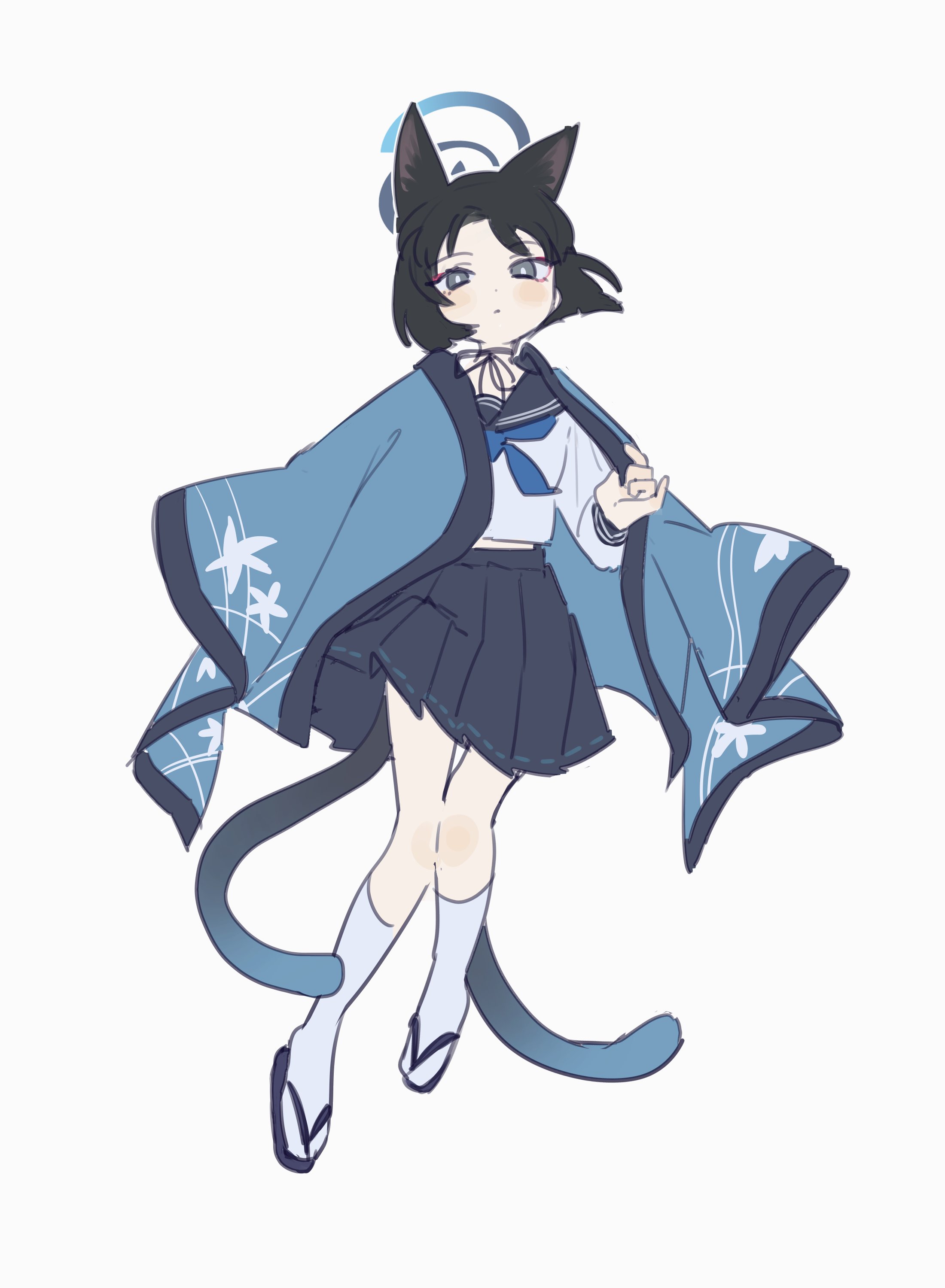 tokage (pr), kikyou (blue archive), blue archive, absurdres, commentary, highres, 1girl, animal ears, black choker, black hair, black sailor collar, black skirt, blue eyes, blue haori, blue neckerchief, cat ears, cat girl, cat tail, choker, closed mouth, full body, halo, haori, japanese clothes, kneehighs, long sleeves, looking at viewer, multiple tails, neckerchief, pleated skirt, sailor collar, school uniform, serafuku, short hair, simple background, skirt, socks, solo, tail, two tails, white background