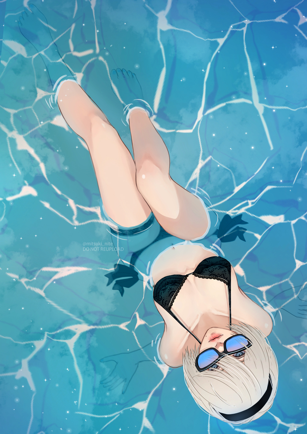 mitsuki nite, 2b (nier:automata), nier:automata, nier (series), highres, 1girl, arm support, bare legs, bare shoulders, barefoot, bikini, black-framed eyewear, black bikini, black hairband, blue-tinted eyewear, blue eyes, breasts, closed mouth, feet, from above, grey hair, hairband, looking at viewer, looking over eyewear, looking up, medium breasts, mole, mole under mouth, navel, partially submerged, reclining, short hair, side-tie bikini bottom, solo, sunglasses, swimsuit, thigh strap, tinted eyewear, toes, twitter username, water