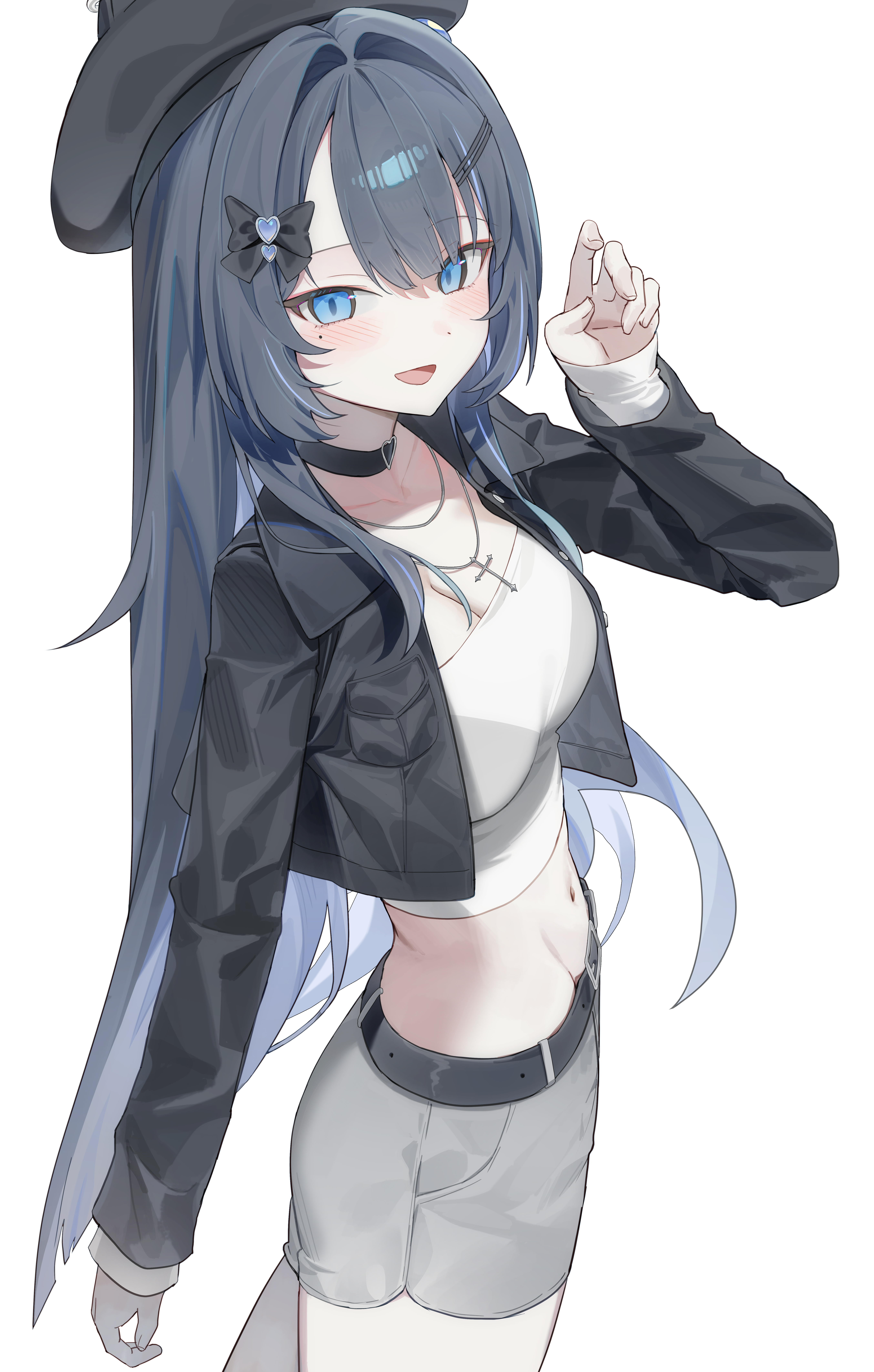 huu (dighapdlxm12), original, absurdres, commentary, commission, highres, 1girl, belt, beret, black choker, black hair, black hat, black jacket, blue eyes, bow, bra visible through clothes, breasts, choker, cleavage, cowboy shot, crop top, cross, cross necklace, grey shorts, hair bow, hair ornament, hairclip, hand up, hat, jacket, jewelry, long hair, long sleeves, looking at viewer, medium breasts, midriff, mole, mole under eye, navel, necklace, open clothes, open jacket, open mouth, shirt, short shorts, shorts, simple background, smile, solo, stomach, very long hair, white background, white shirt
