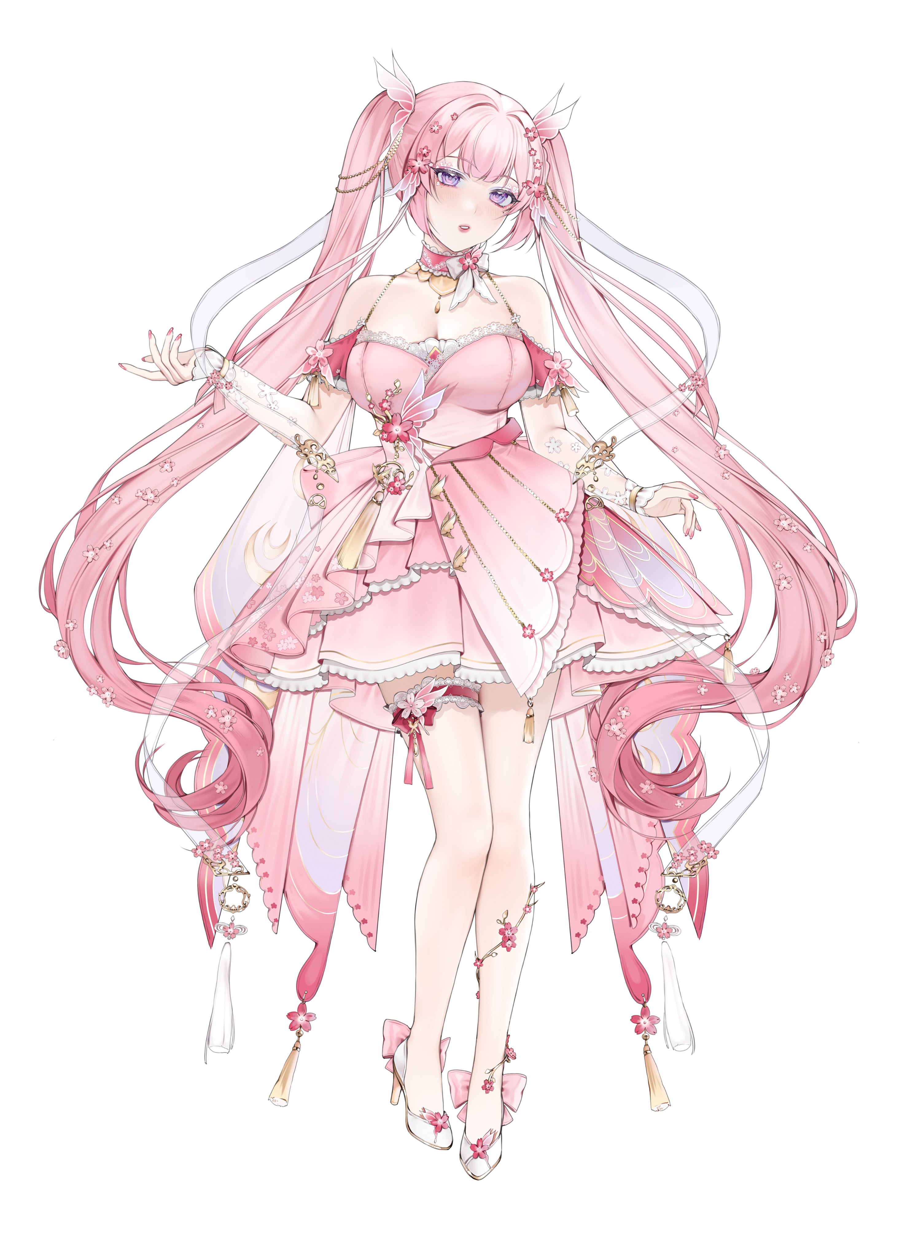 tuffi-chan, indie virtual youtuber, absurdres, commentary request, highres, 1girl, bare shoulders, breasts, cleavage, double-parted bangs, dress, emiphoria, flower, full body, hair ornament, hand up, high heels, large breasts, long hair, long sleeves, looking at viewer, nail polish, parted lips, pink dress, pink flower, pink hair, pink lips, pink nails, purple eyes, shoes, simple background, solo, thigh strap, very long hair, virtual youtuber, white background, white shoes