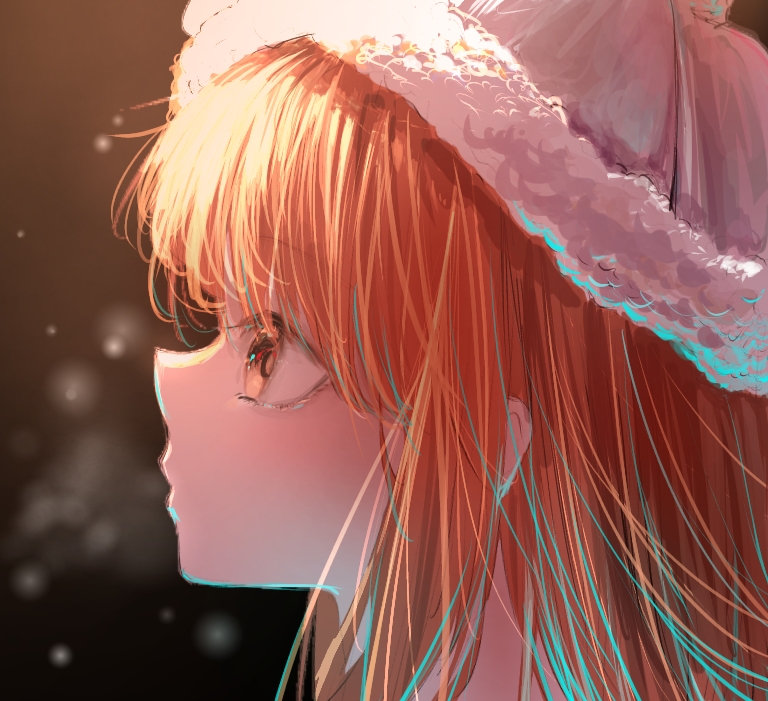 nikki (nikki), nikki (series), shining nikki, 1girl, beanie, black background, brown eyes, closed mouth, from side, fur-trimmed headwear, fur trim, grey hat, hat, light blush, long hair, pink hair, pointy nose, pom pom (clothes), pom pom beanie, portrait, snowing, solo, subarwu u