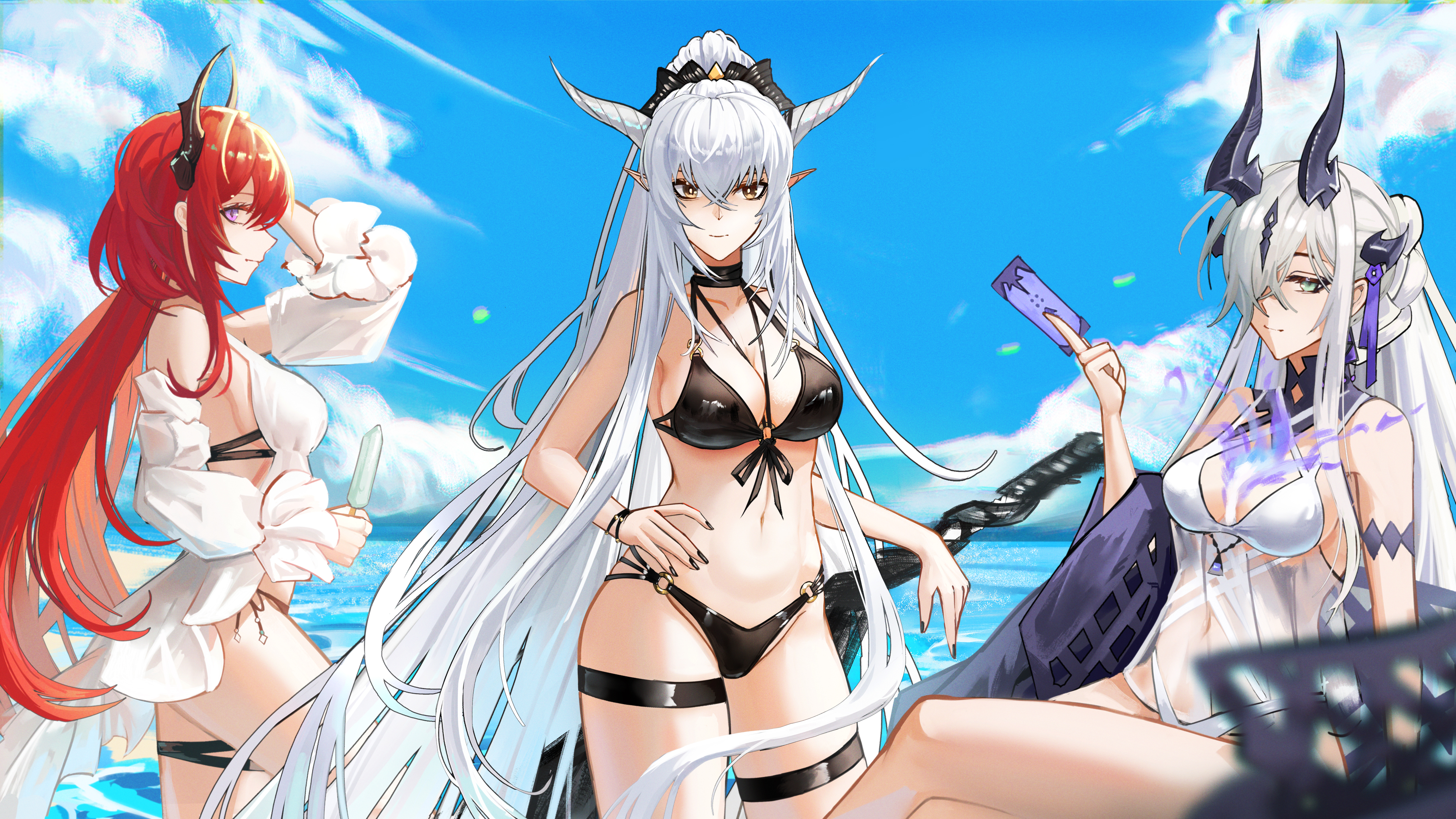 jineg, necrass (arknights), necrass (summer flowers) (arknights), shining (arknights), surtr (arknights), surtr (colorful wonderland) (arknights), arknights, absurdres, commentary request, highres, 3girls, bare shoulders, bikini, black bikini, black nails, bracelet, breasts, brown eyes, cleavage, demon girl, demon horns, detached sleeves, dragon girl, dragon horns, fire, fire on chest, food, green eyes, hair over one eye, hair ribbon, holding, holding food, holding popsicle, horns, jewelry, long hair, looking at viewer, multiple girls, navel, official alternate costume, pointy ears, ponytail, popsicle, purple eyes, purple fire, red hair, ribbon, stomach, swimsuit, swimsuit cover-up, tail, thigh strap, very long hair, water, white bikini, white hair