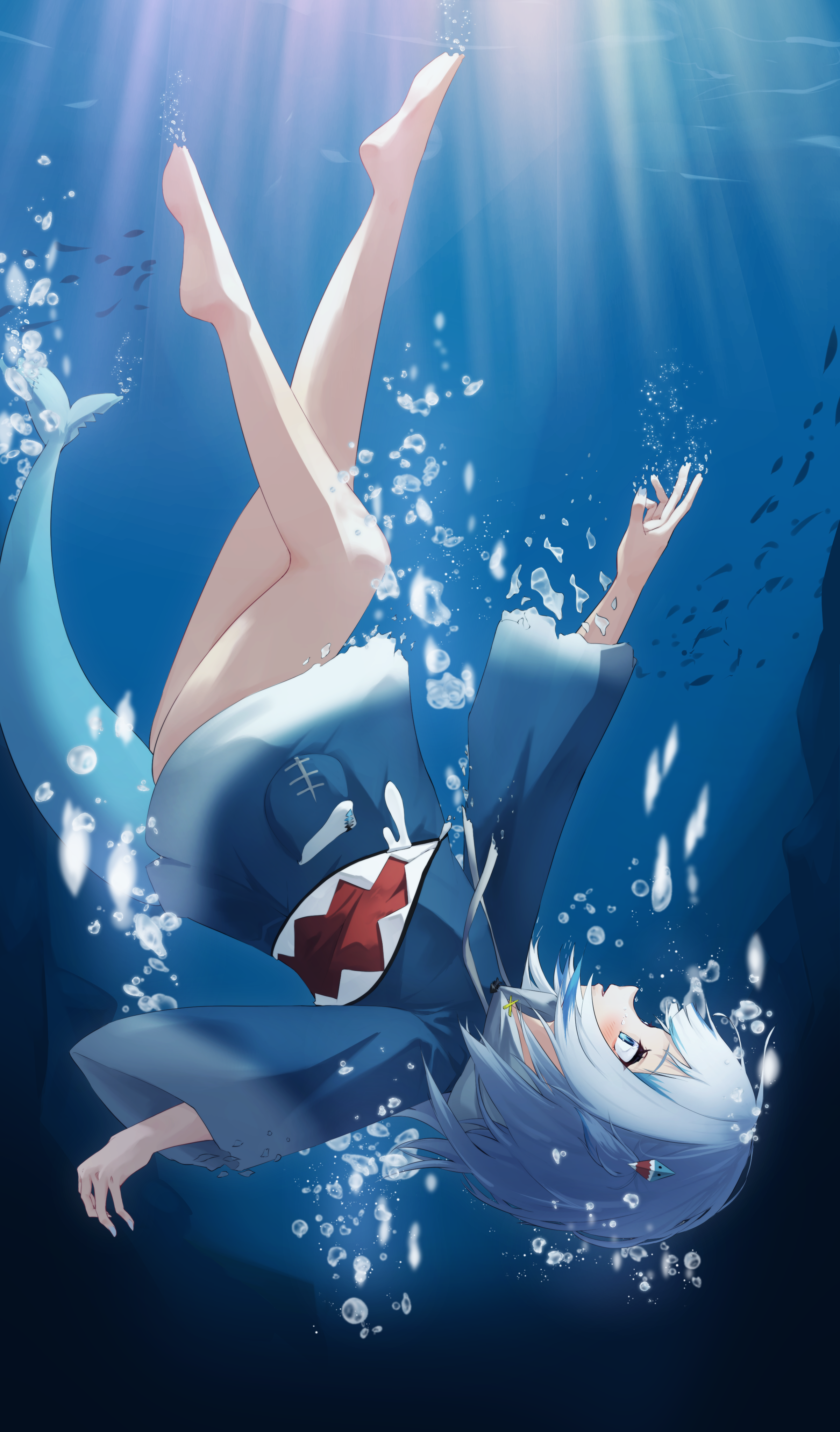 ilie ilie, gawr gura, gawr gura (1st costume), hololive, hololive english, absurdres, highres, 1girl, bare legs, blue eyes, blue hoodie, bubble, fins, fish, fish tail, hair ornament, hood, hood down, hoodie, shark print, shark tail, short hair, solo, tail, underwater, virtual youtuber, white hair
