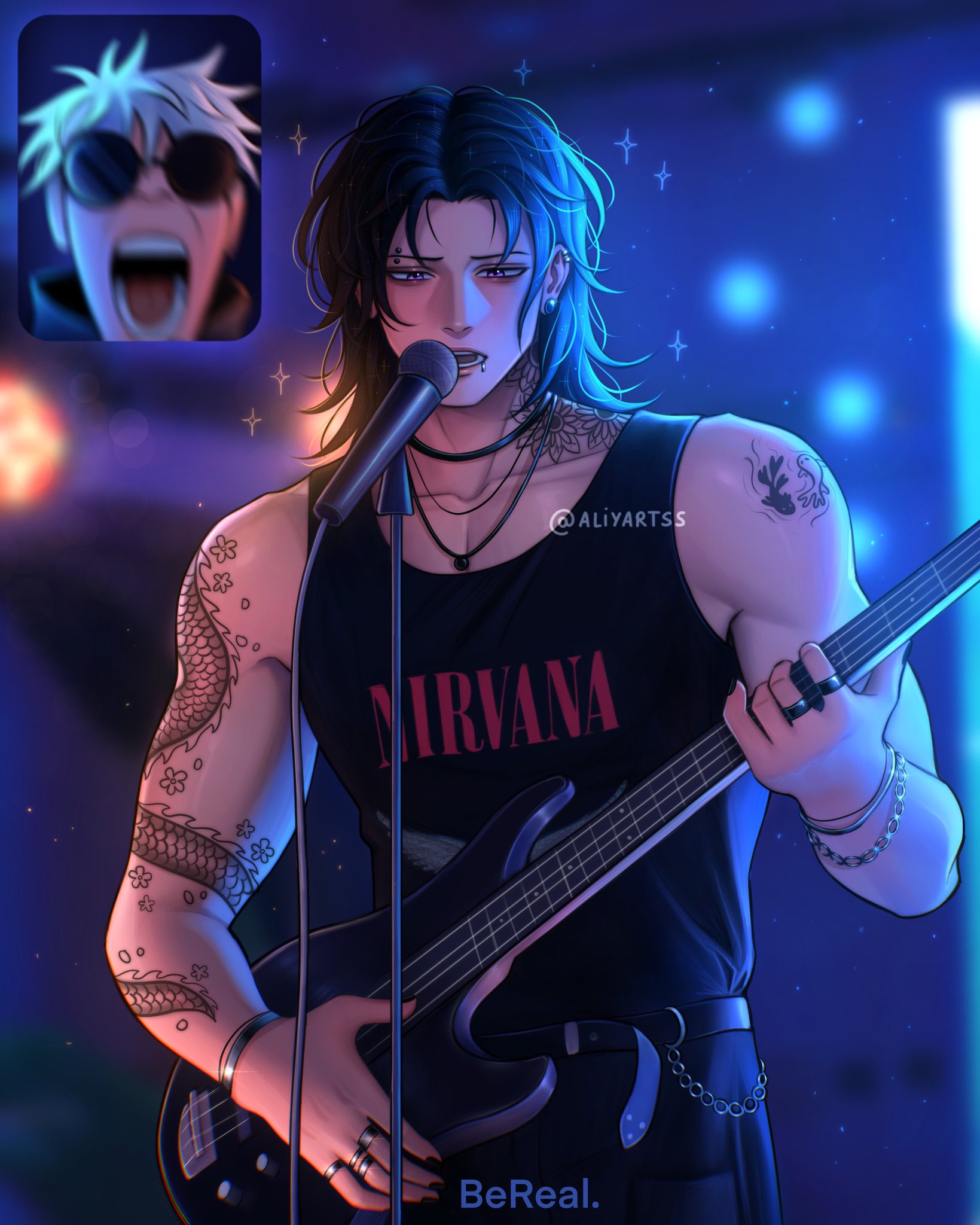 aliyartss, getou suguru, gojou satoru, jujutsu kaisen, nirvana (band), highres, 2boys, band shirt, black hair, black tank top, broad shoulders, collarbone, cowboy shot, ear piercing, eyebrow piercing, face piercing, fan screaming at madison beer (meme), fish tattoo, guitar, holding, holding guitar, holding instrument, instrument, jewelry, male focus, medium hair, meme, merchandise, microphone stand, multiple boys, necklace, open mouth, piercing, pisces (symbol), round eyewear, screaming, short hair, shoulder tattoo, sparkle, sunglasses, tank top, tattoo, teeth, toned, toned male, white hair