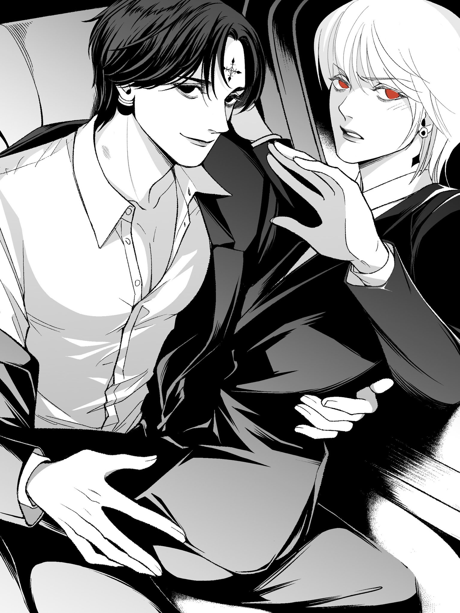 chrollo lucilfer, kurapika, hunter x hunter, highres, 2boys, 63roku63, androgynous, black hair, blush, closed mouth, facial mark, forehead mark, forehead tattoo, greyscale, lips, male focus, monochrome, multiple boys, parted lips, shirt, short hair, smile, tattoo, yaoi