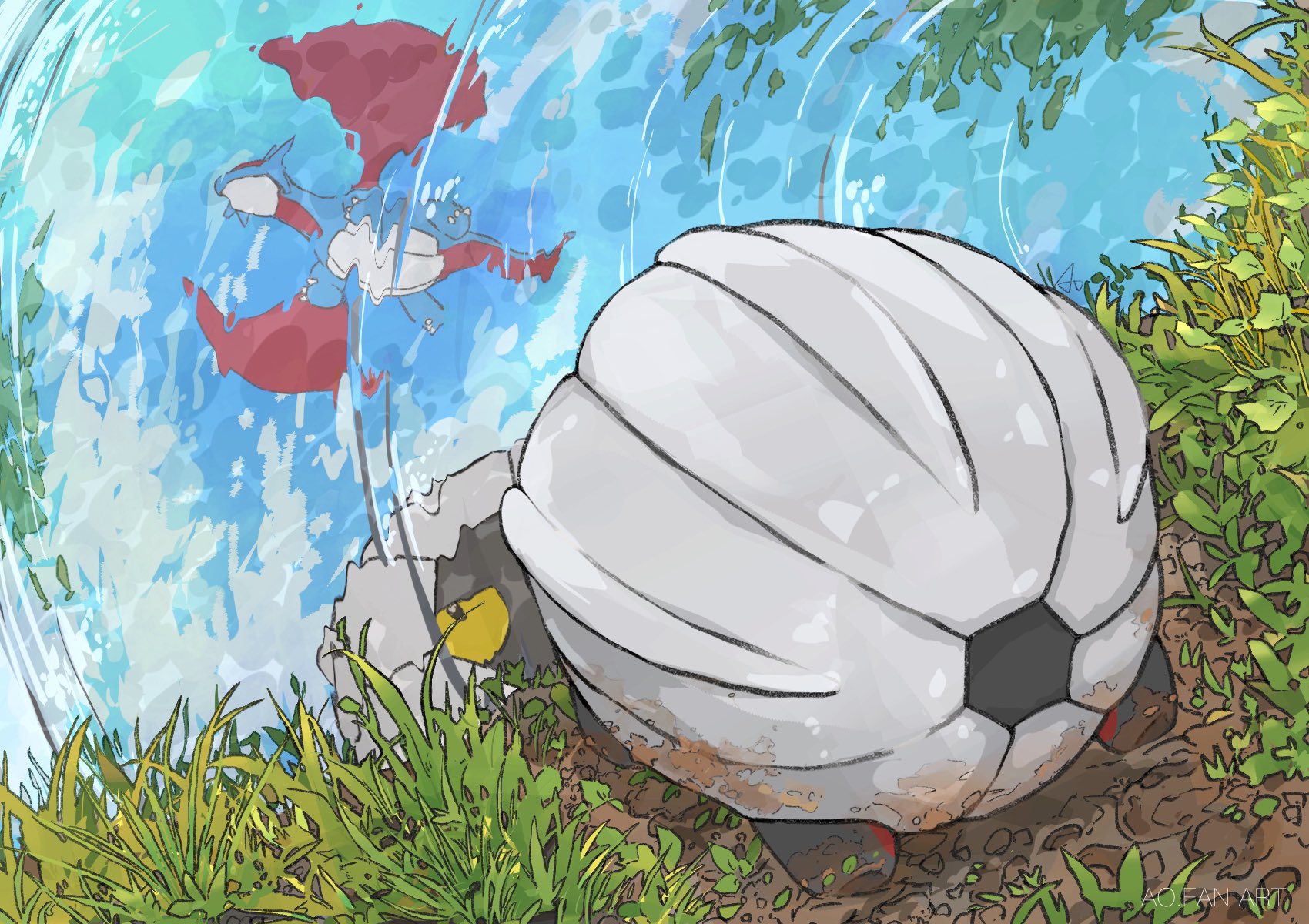 aomon (yuuji7604), salamence, shelgon, nintendo, pokemon, commentary, highres, black eyes, blue sky, claws, cloud, colored sclera, day, dirt, dirty, flying, gen 3 pokemon, grass, no humans, outdoors, pokemon (creature), reflection, reflective water, ripples, sky, water, yellow sclera
