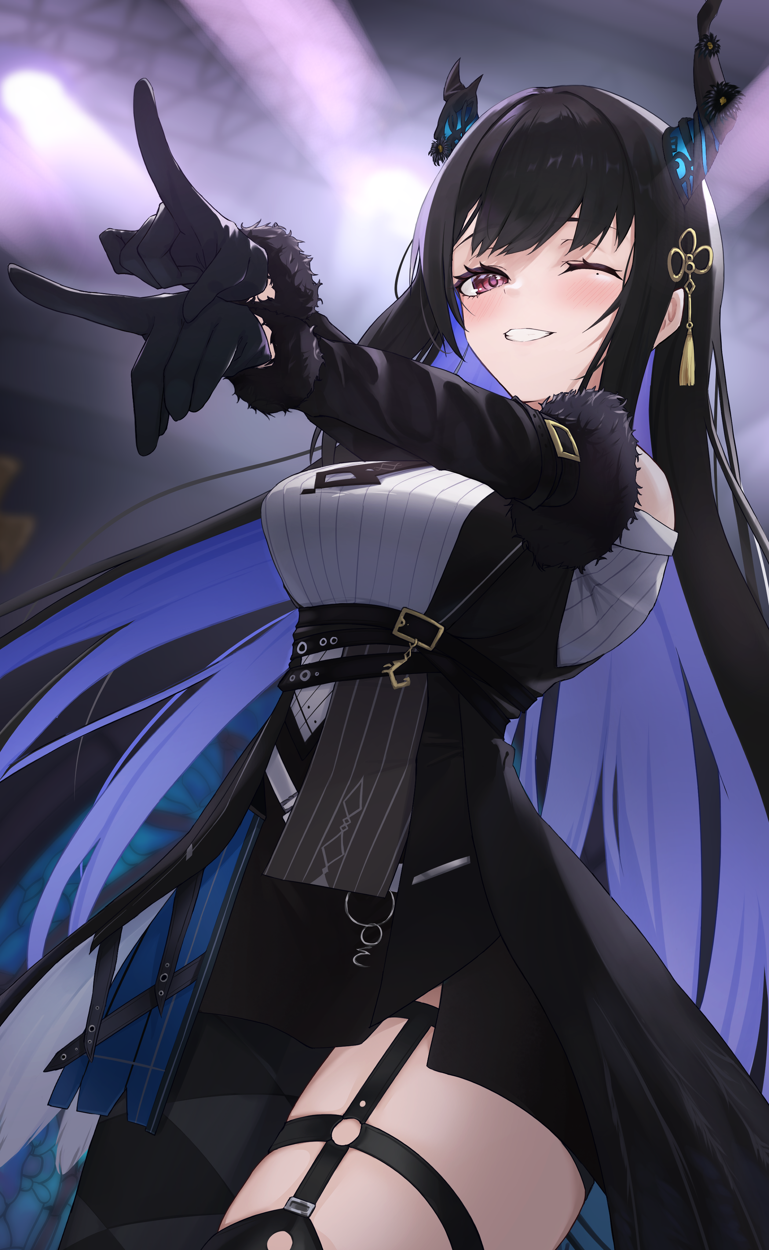 ilie ilie, nerissa ravencroft, nerissa ravencroft (1st costume), hololive, hololive english, absurdres, highres, 1girl, asymmetrical legwear, belt, black belt, black gloves, black hair, black horns, breasts, broken horn, colored inner hair, flower, fur-trimmed sleeves, fur trim, gloves, hair ornament, horn flower, horns, mole, mole under eye, multicolored hair, pinstripe pattern, pinstripe shirt, purple eyes, purple hair, shirt, solo, tassel, tassel hair ornament, virtual youtuber, white shirt