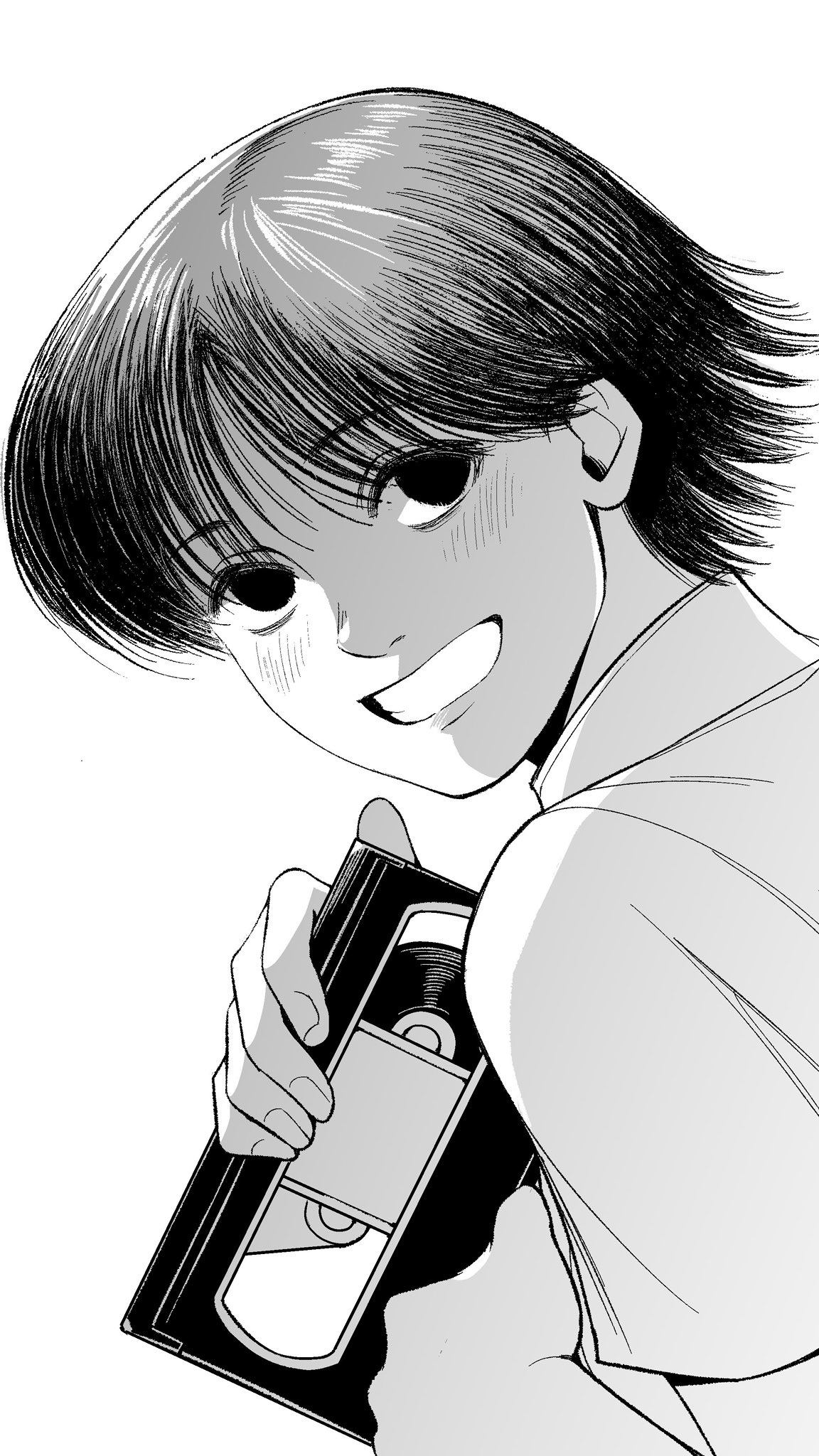 chrollo lucilfer, hunter x hunter, highres, 1boy, 63roku63, black hair, greyscale, holding, male focus, monochrome, shirt, short hair, simple background, smile, solo, upper body