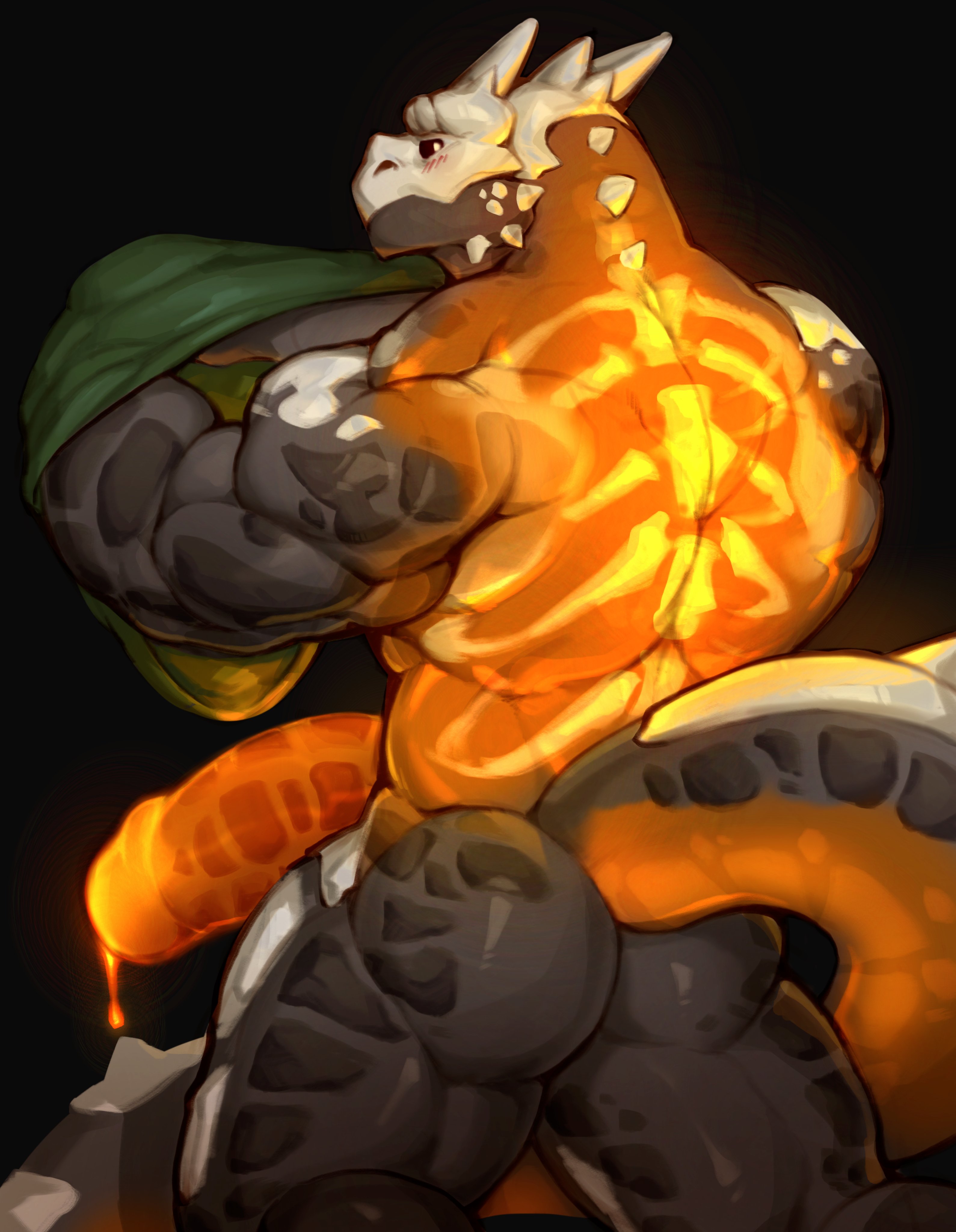 mixter art, original, absurdres, highres, 1boy, ass, back, back focus, bara, black background, black sclera, bone, broad shoulders, clothes lift, colored sclera, dragon boy, green shirt, huge penis, lava, male focus, muscular, muscular male, penis, see-through body, shirt, shirt lift, solo, striped blush, thick thighs, thighs, triceps, yellow eyes