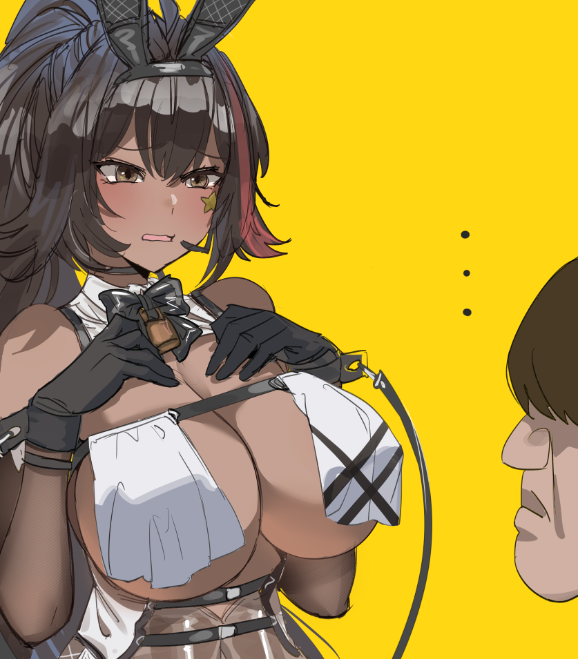 bow (bhp), bay (nikke), bay (radiant rabbit) (nikke), commander (nikke), goddess of victory: nikke, 1boy, 1girl, animal ears, black eyes, black gloves, black hair, breast curtains, breasts, dark-skinned female, dark skin, facial mark, fake animal ears, gloves, large breasts, leotard, long hair, official alternate costume, playboy bunny, ponytail, rabbit ears, see-through clothes, see-through leotard, short hair, simple background, star (symbol), star facial mark, very long hair, yellow background