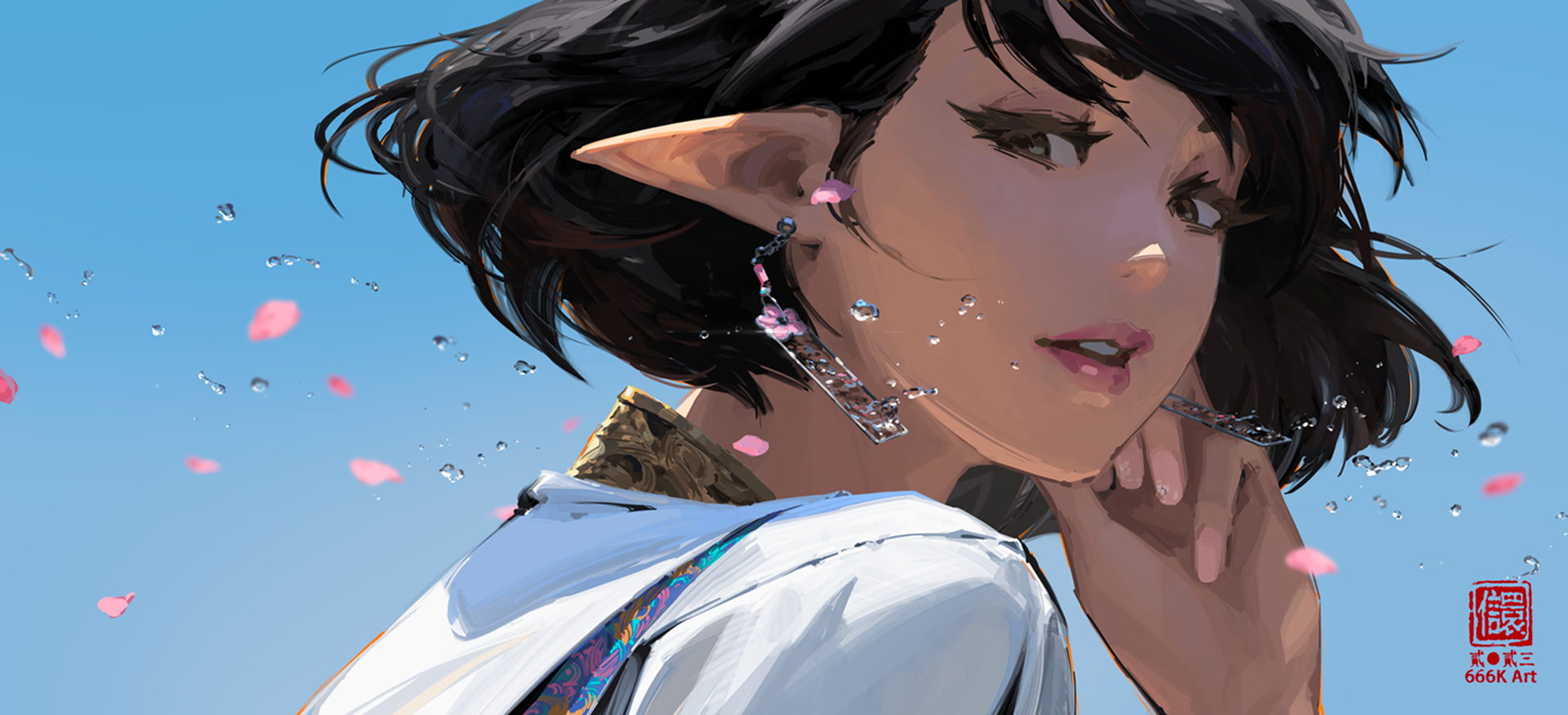 kan liu (666k), original, highres, 1girl, black hair, blue sky, day, earrings, fingernails, floating, hand on own ear, jewelry, leaf, lips, looking at viewer, open mouth, outdoors, petals, pointy ears, shadow, short hair, simple background, sky, solo, water, white hair